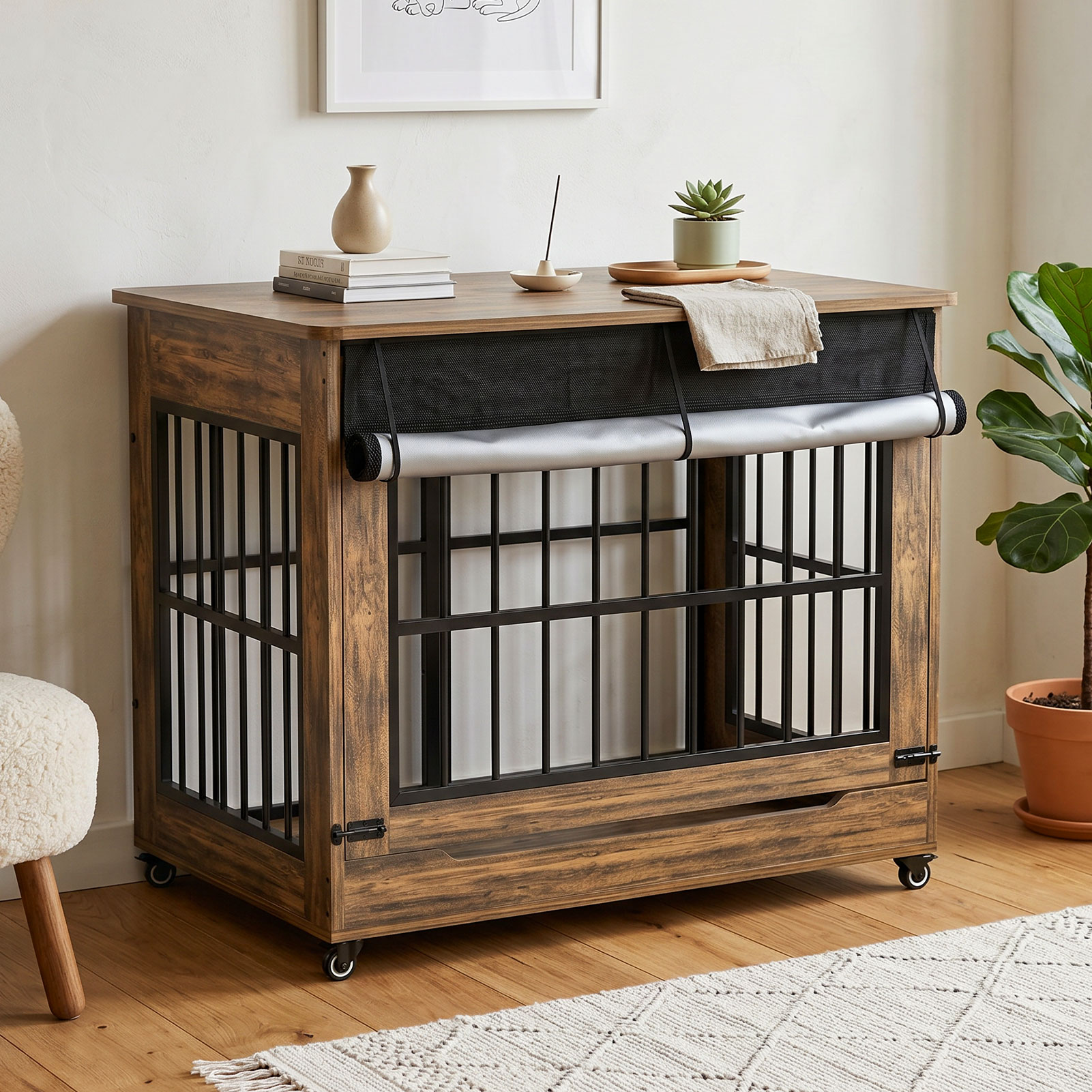 Large Dog Crate Furniture, Double Door Wooden Indoor Dog Kennel Furniture, Decorative Pet Cage End Table With Wheels For Extra Large Breed Dogs, Size 2XL, Greige — image 2