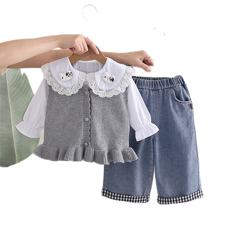Stylish Cartoon Cat Collar Girls 3-Piece Autumn Spring Outfit — image 6