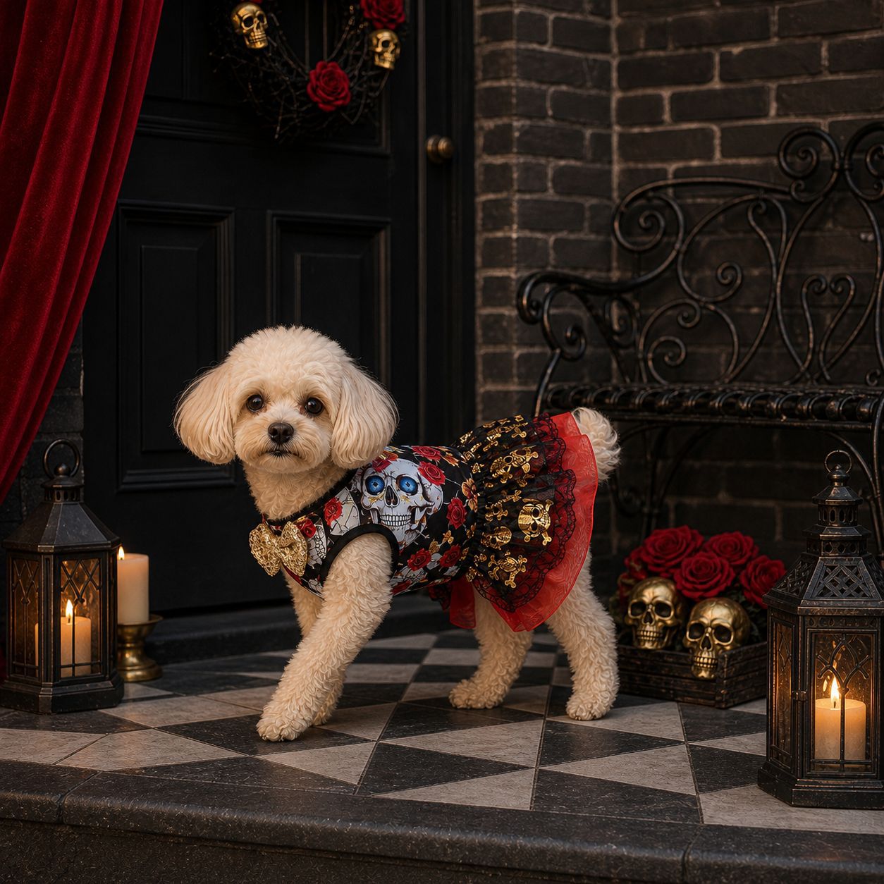 Ropa de Halloween para Mascotas de Otoño e Invierno, Vestido de Princesa de Organza con Calaveras Doradas para Teddy, Bichón y Maltés — imagen 4