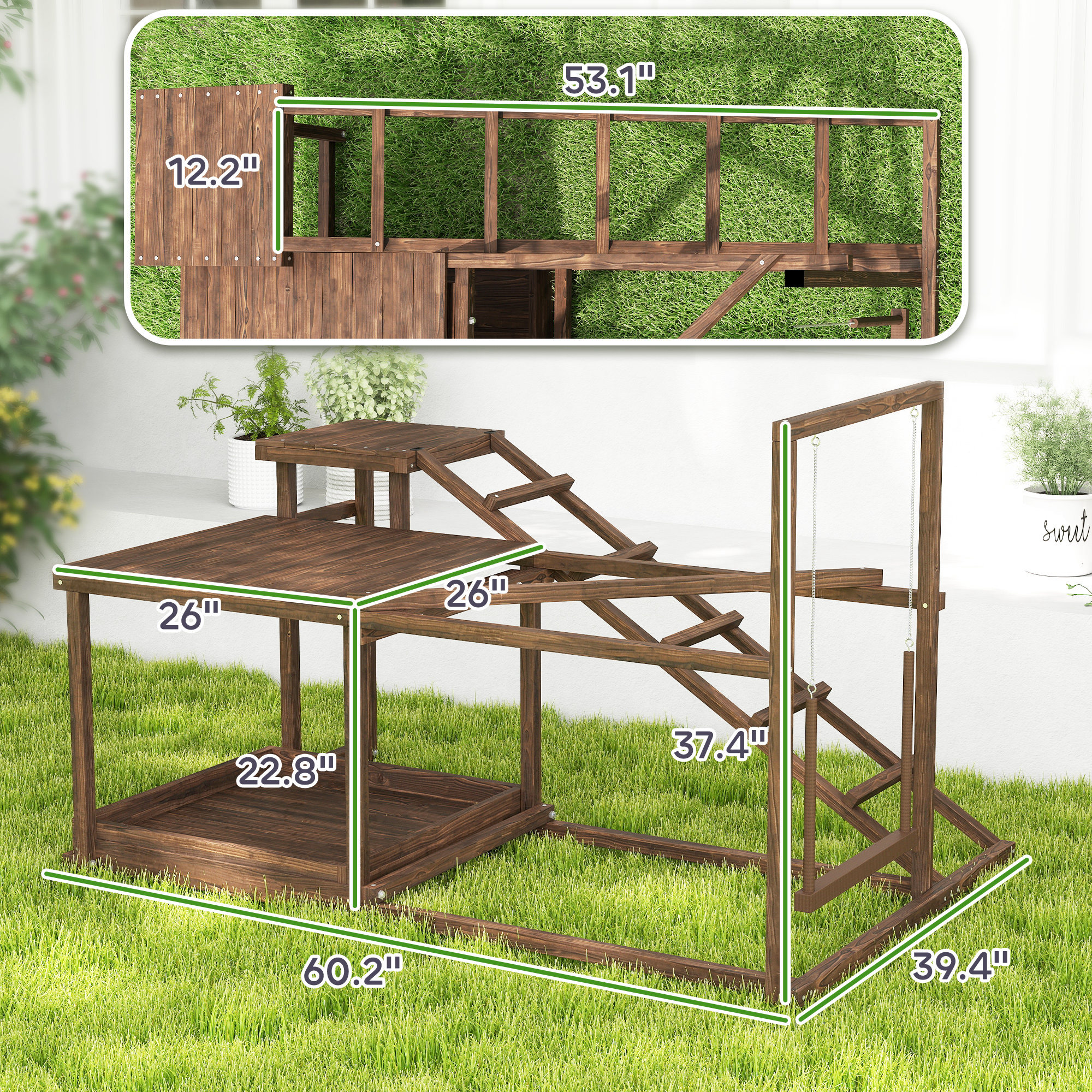Jaulón de Actividad para Pollos en Madera con Percha, Suelo Balanceante, Escalera y Almacenamiento de Comida — imagen 5