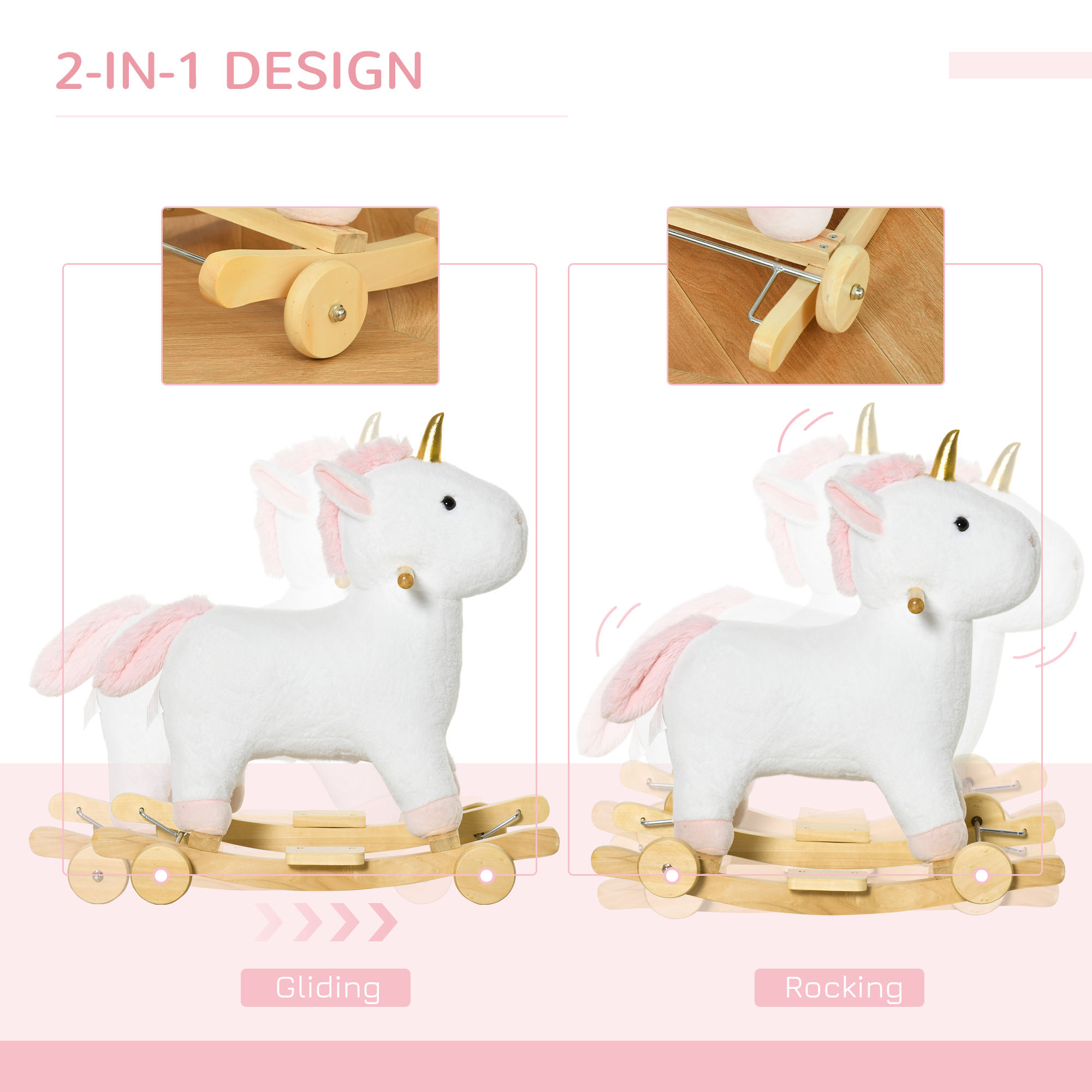 Caballito Mecedor 2 en 1 para Niños, Unicornio con Ruedas y Sonido, Base de Madera, Pedal, Manija de Agarre, Para Niños de 3-6 Años, Blanco — imagen 6