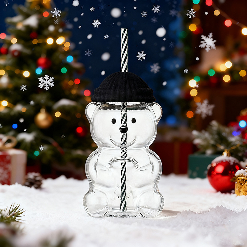 Taza de vidrio en forma de oso de peluche animado para Navidad - Taza con paja grande capacidad — imagen 4