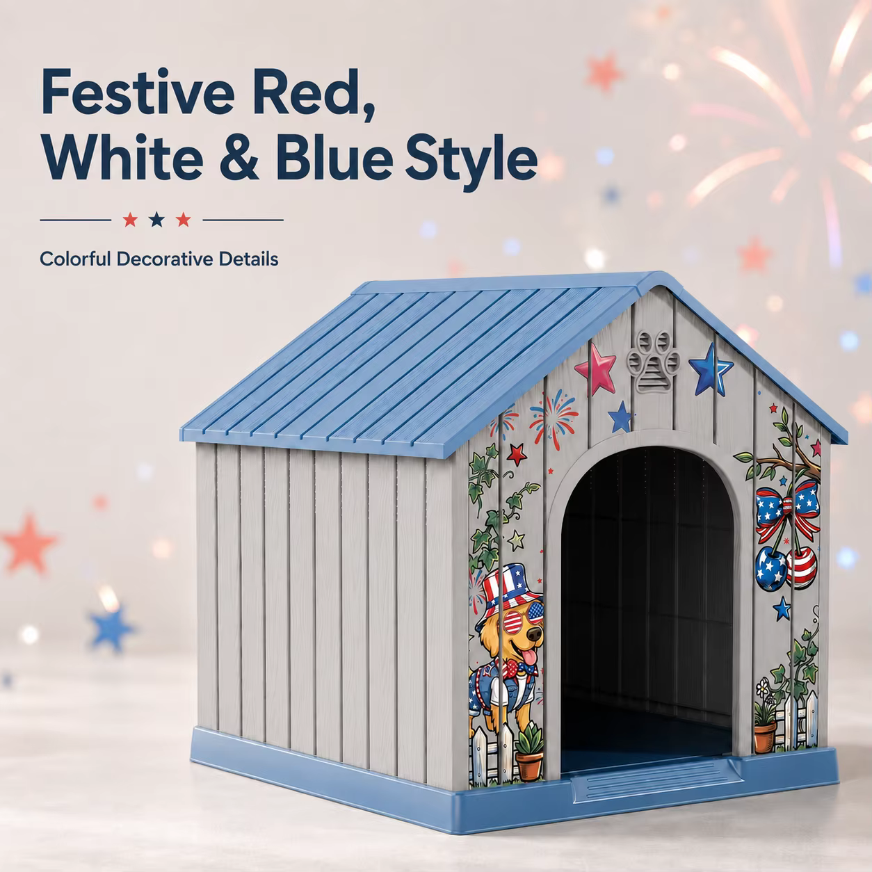Outdoor Plastic Dog House, Weatherproof Pet Shelter with Printed Pattern Door, Outdoor Dog Cabin for Small Medium Dogs — image 7