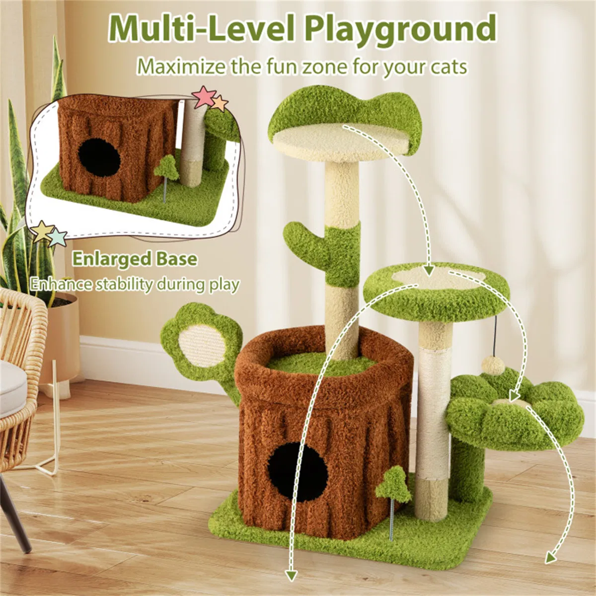 36" Jungle Theme Cat Tree - Washable Peach Skin, Sisal Scratching Post & Interactive Toys — image 8