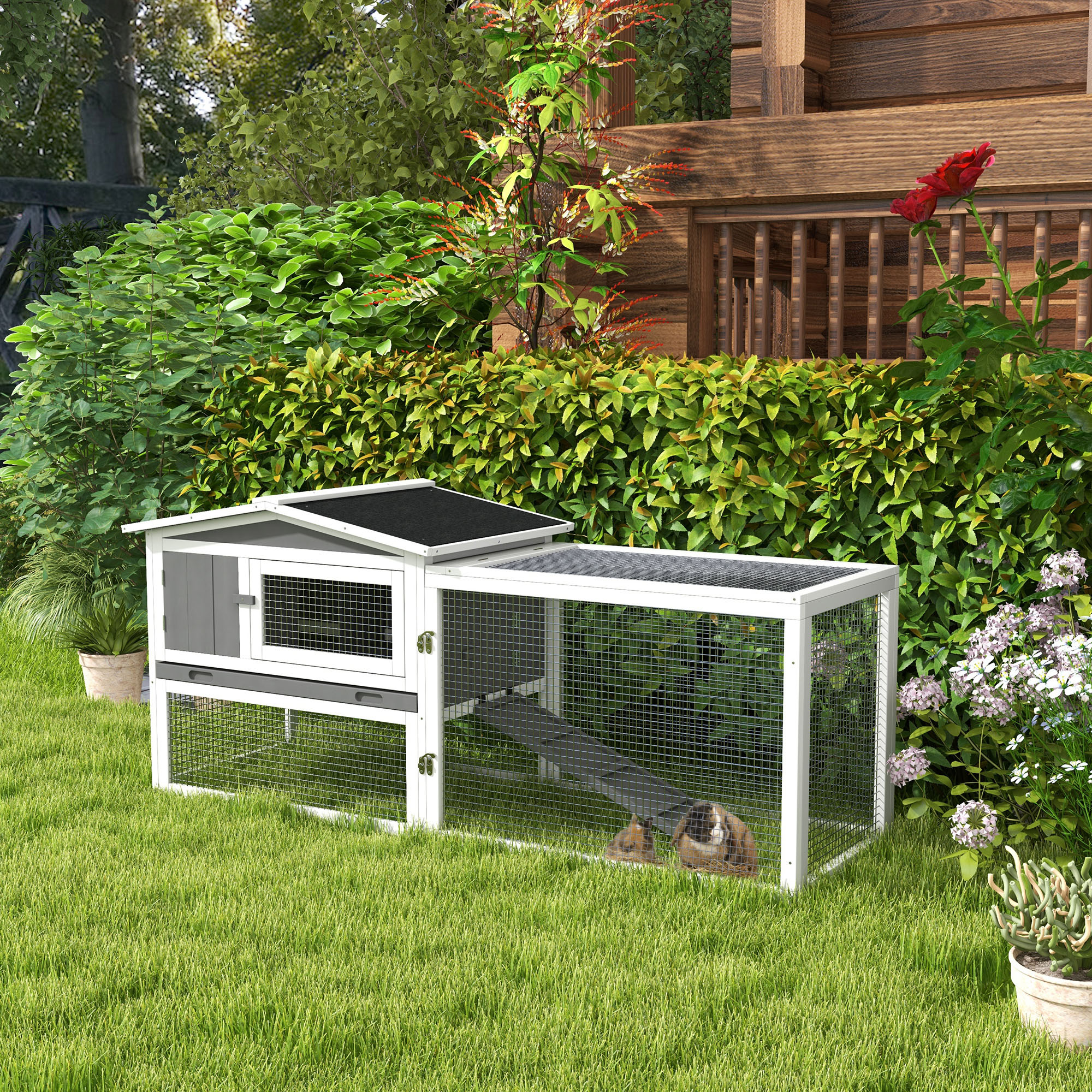 Caja para Conejos de 2 Pisos, Jaula para Conejos y Caviares, Casa para Animales Pequeños con Rueda de Deslizamiento, para Conejos, Pollos, Patos, 61.5" x 23" x 27", Gris Claro — imagen 4
