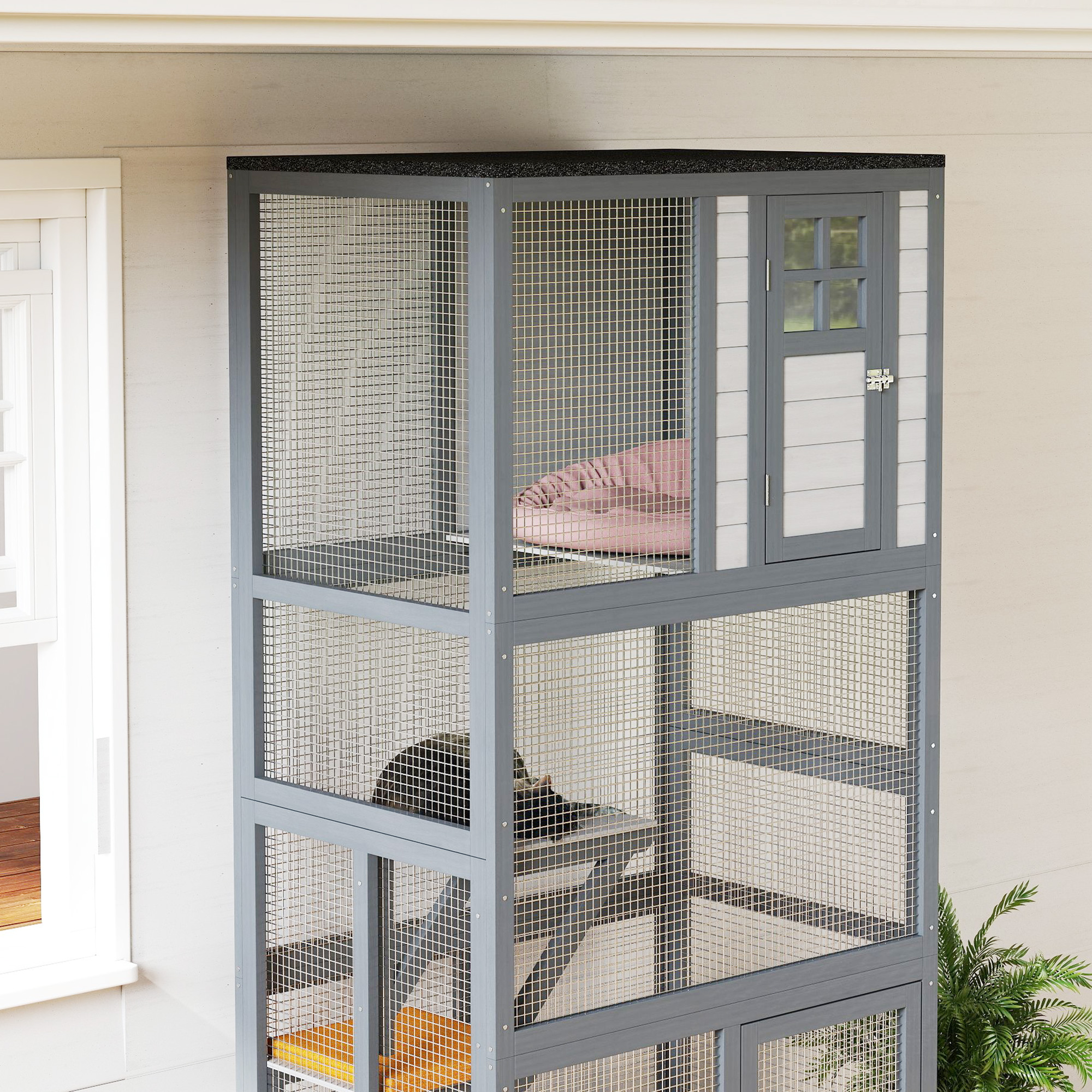 Casa de Gato Exterior en Madera de 74" con Alta Capacidad de Peso, Catio con Condo para Gatos, Gris Oscuro — imagen 4