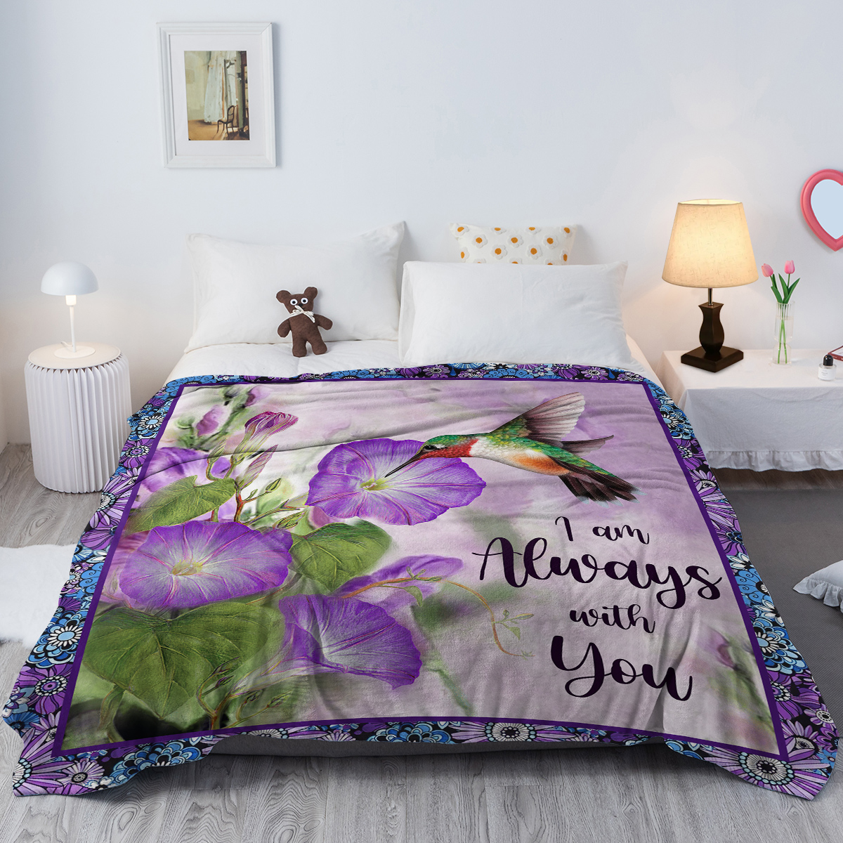 Manta de Felpa con Flor de Mañana Púrpura y Hummingbird, Muy Cómoda y Caliente para Tumbones, Cama, Camping y Uso Versátil en Diferentes Escenarios — imagen 5