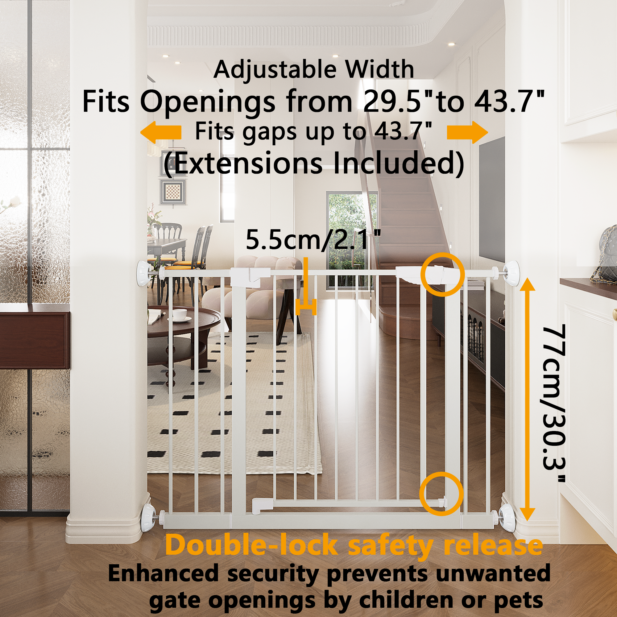 Reja para Bebés Ancha de 29.5-45.3" con Protector de Pared para Escaleras, Reja para Perros de Interior para Puertas, Sin Taladrar, Montaje a Presión, Rejas para Mascotas para Niños, Reja de Seguridad Fácil de Cruzar, Blanca — imagen 7