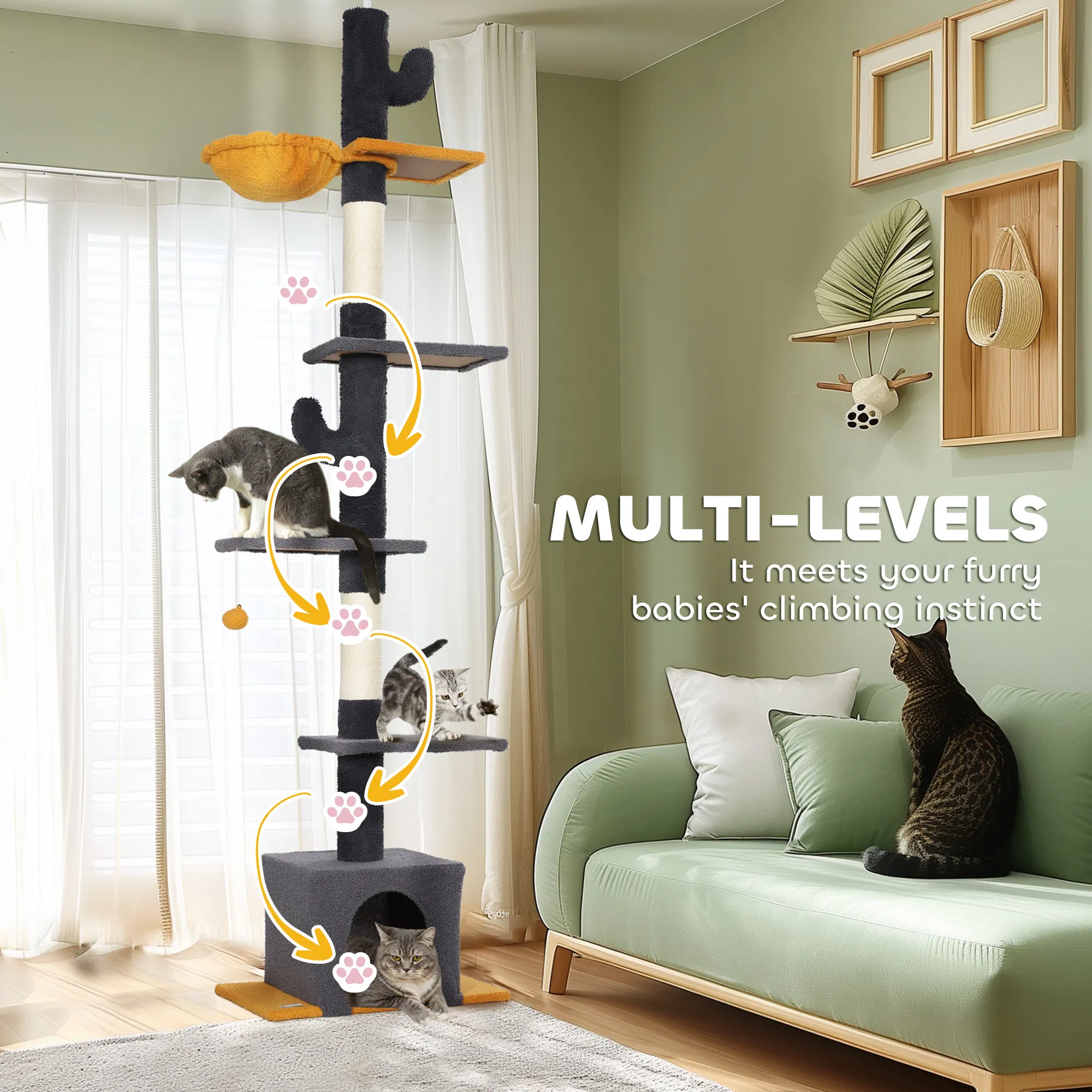 Floor to Ceiling Cat TreeTower with 90.5"-108" Adjustable Height, Scratching Posts, Hammock, Condo, Toy Ball, Dark Grey — image 5