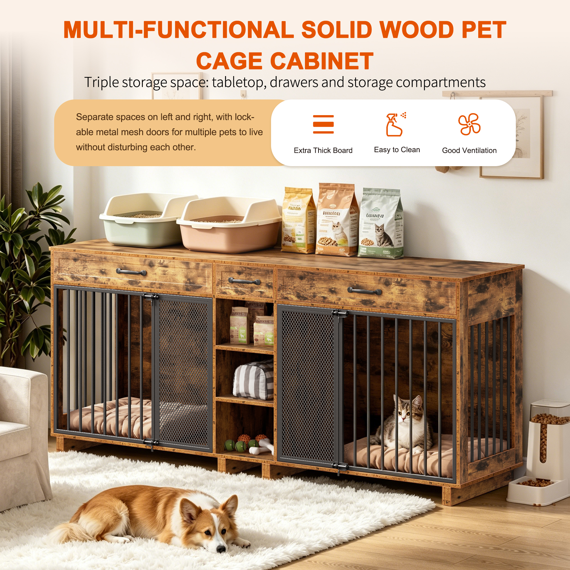 Large Wooden Dog Crate Furniture, Multi-Functional Pet Cage Cabinet with Storage — image 4