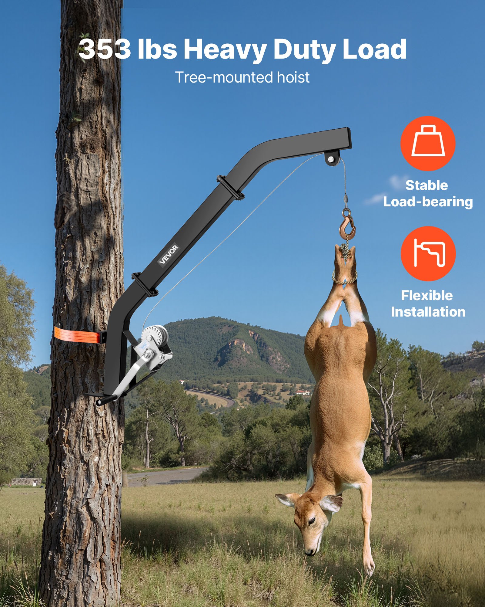 Ahorro de Caza en Árbol 353 Lbs Capacidad de Carga, Sistema de Elevación con Correa de Rascador para Caza de Venado, Soporte para Pielar y Limpiar, Negro — imagen 3