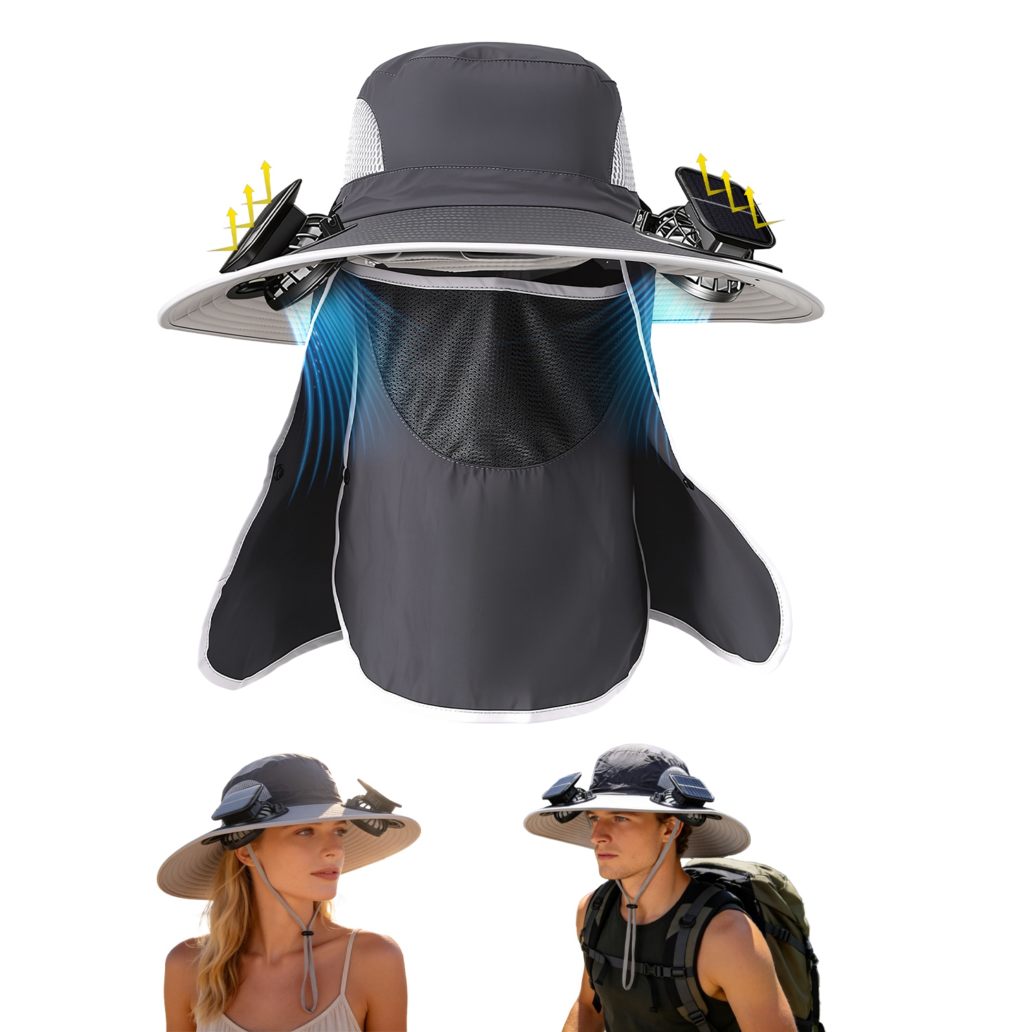 Sombrero con Ventilador Solar 2 en 1 UPF50 Sombrero para el Sol con Ventiladores, Sombrero de Pesca de Ala Ancha con Cubrecara y Protector de Cuello, Carga USB Solar Para Senderismo, Jardinería, Trabajo al Aire Libre — imagen 2