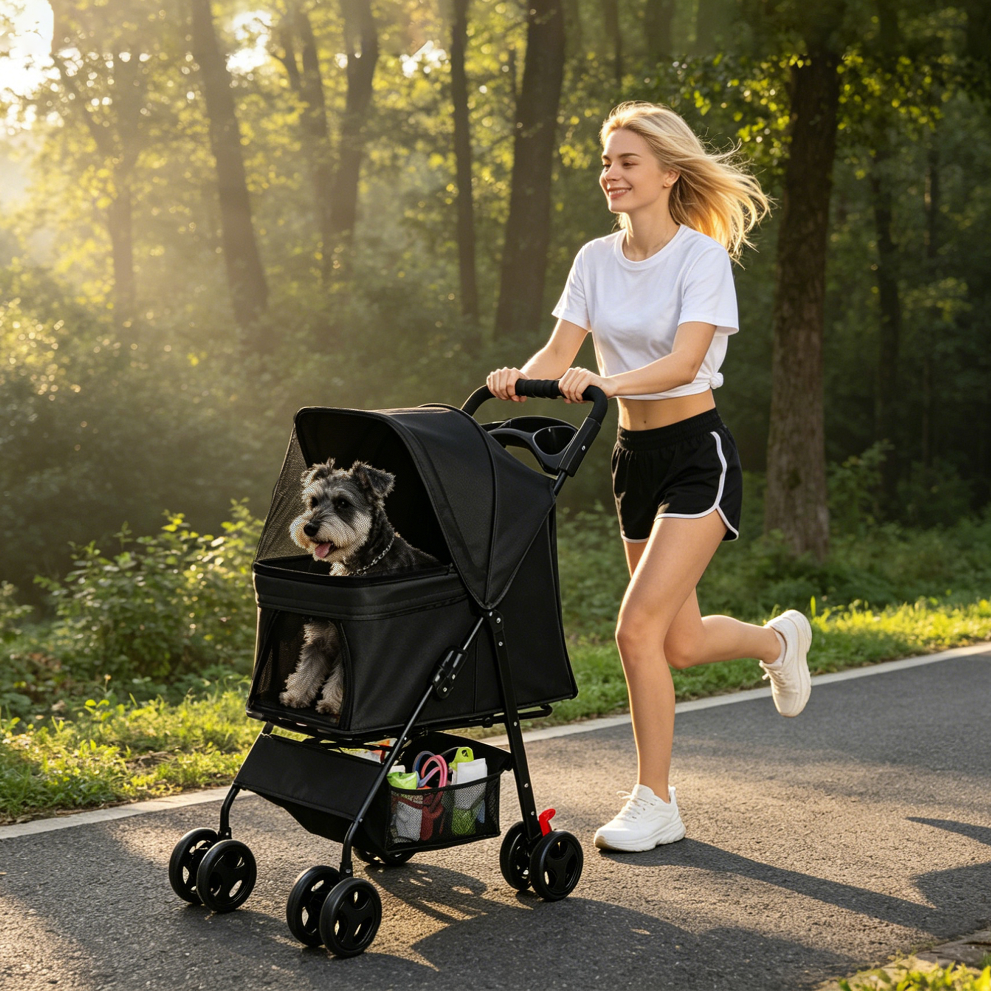 Carril de Mascotas Plegable para Perros y Gatos Pequeños Menos de 28 libras con Mesa Multifuncional, 2 Correas de Seguridad, Cesta de Almacenamiento & Malla Respirable, 4 Ruedas, Negro — imagen 7
