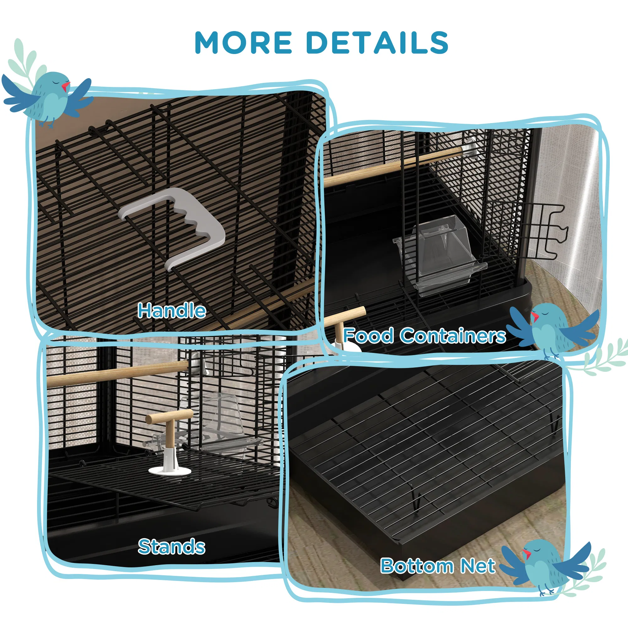 22" Bird Cage for Budgie Finches Canaries Love Birds with Wooden Stands, Slide-Out Tray, Handles, Food Containers, Black — image 4