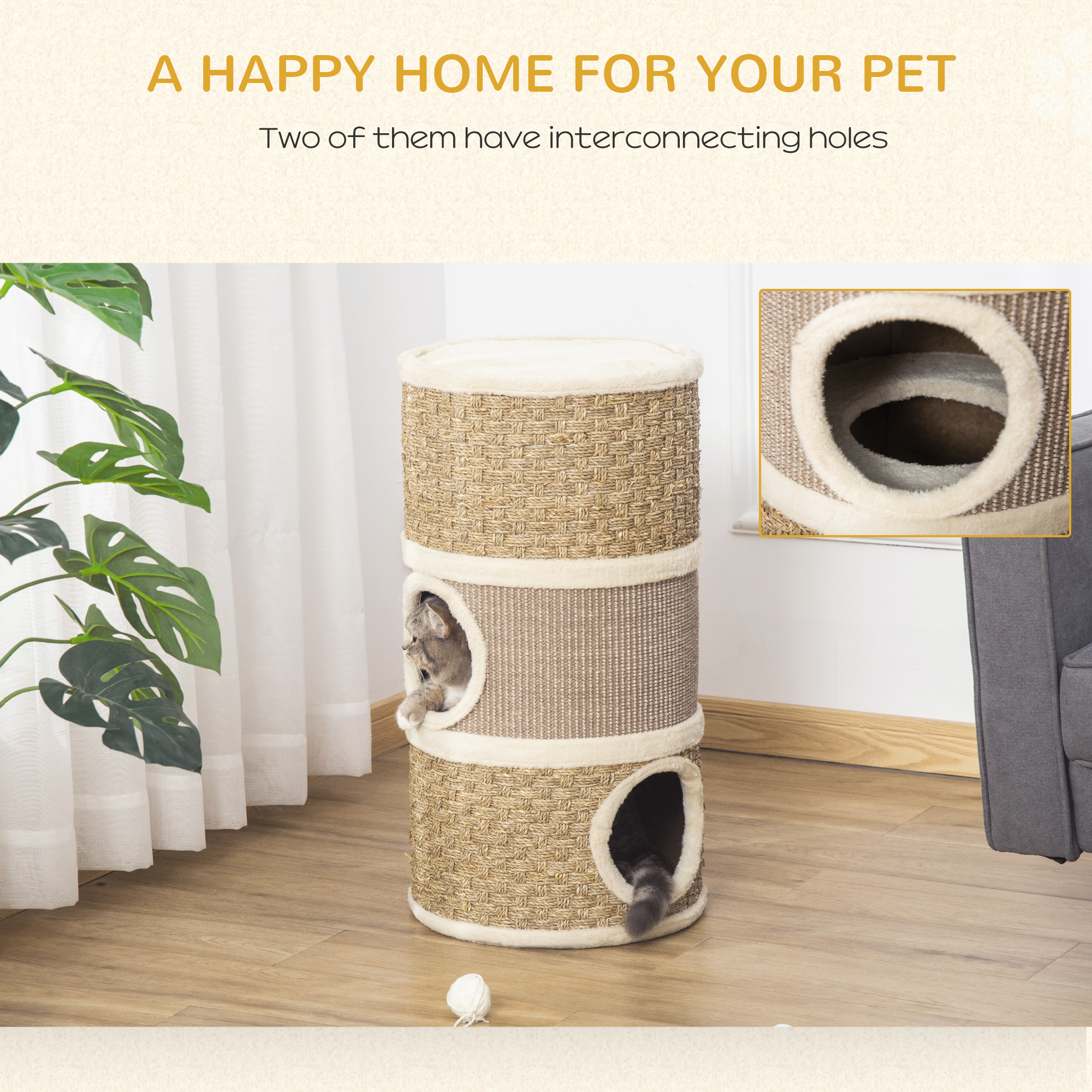 Condominio para Gatos, Escondite de 3 Pisos para Gatos con Almohadilla Rascadora de Sisal — imagen 3
