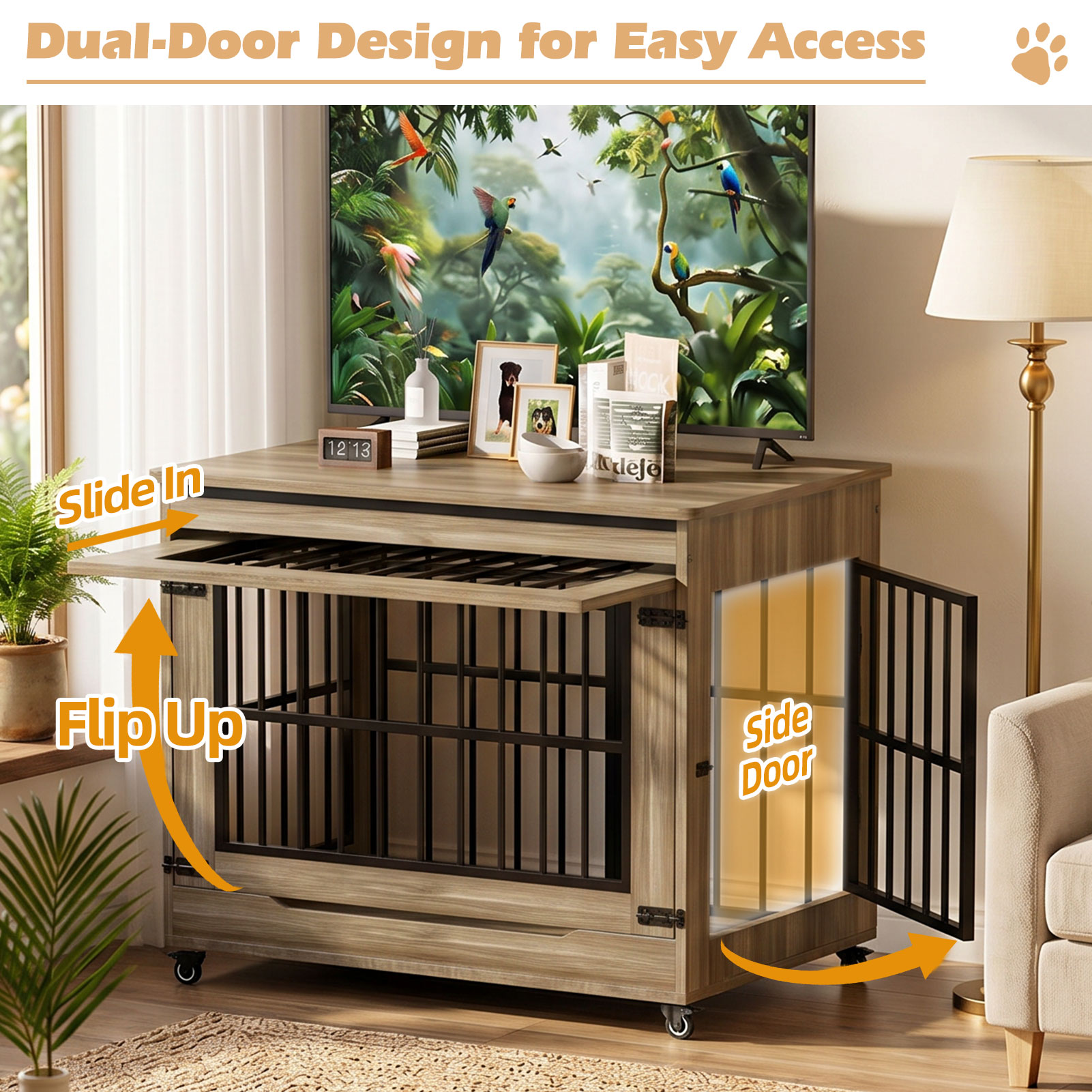 Large Dog Crate Furniture, Double Door Wooden Indoor Dog Kennel Furniture, Decorative Pet Cage End Table With Wheels For Extra Large Breed Dogs, Size 2XL, Greige — image 23