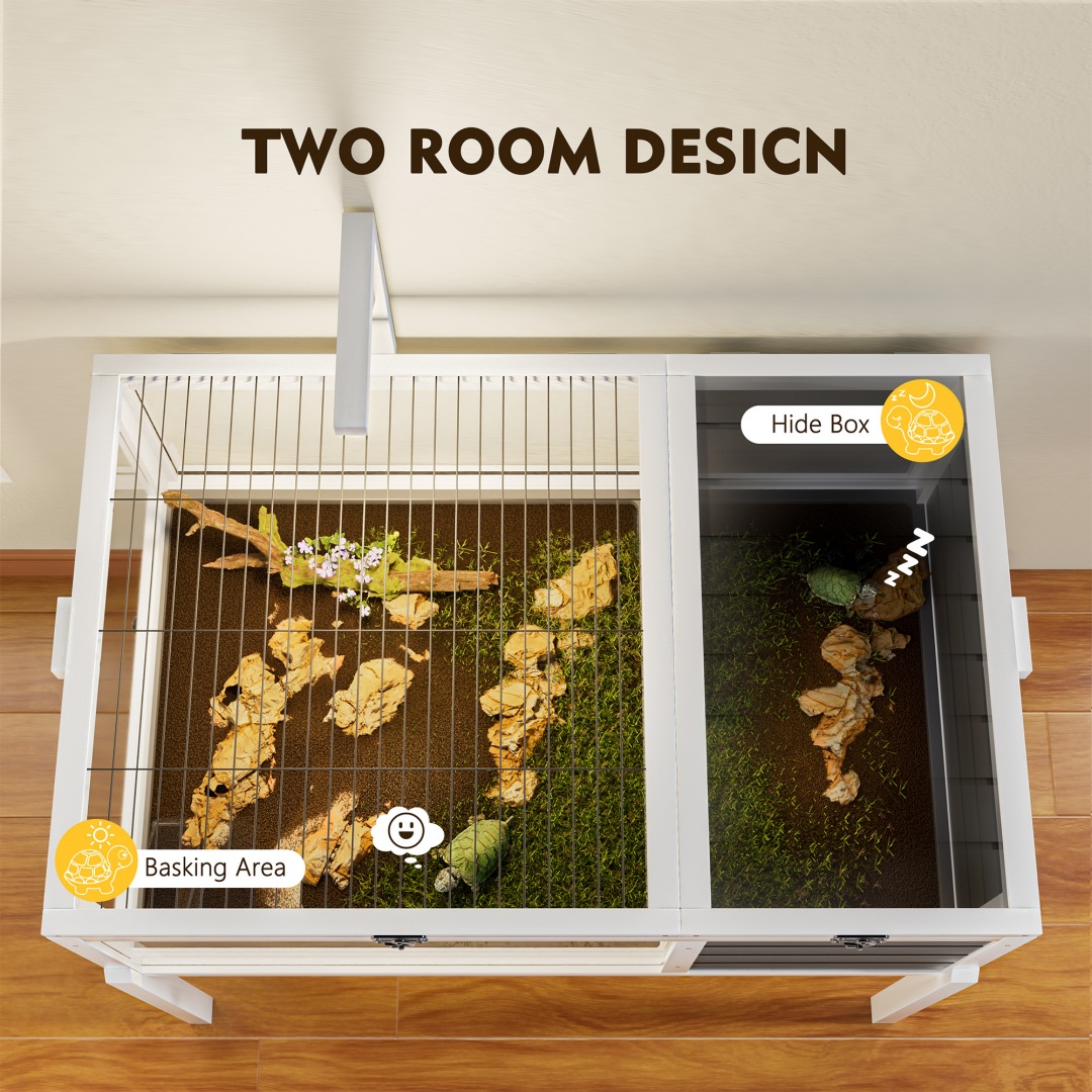 Hábitat de Reptiles Casa para Tortugas con Soporte de Lámpara, Gran Ventana de Observación, 2 Platos Impermeables, Patas Desmontables, Encierro de Madera Fácil de Limpiar para Tortugas, Lagartos, Geckos y Pequeños Animales Interior y Exterior — imagen 8