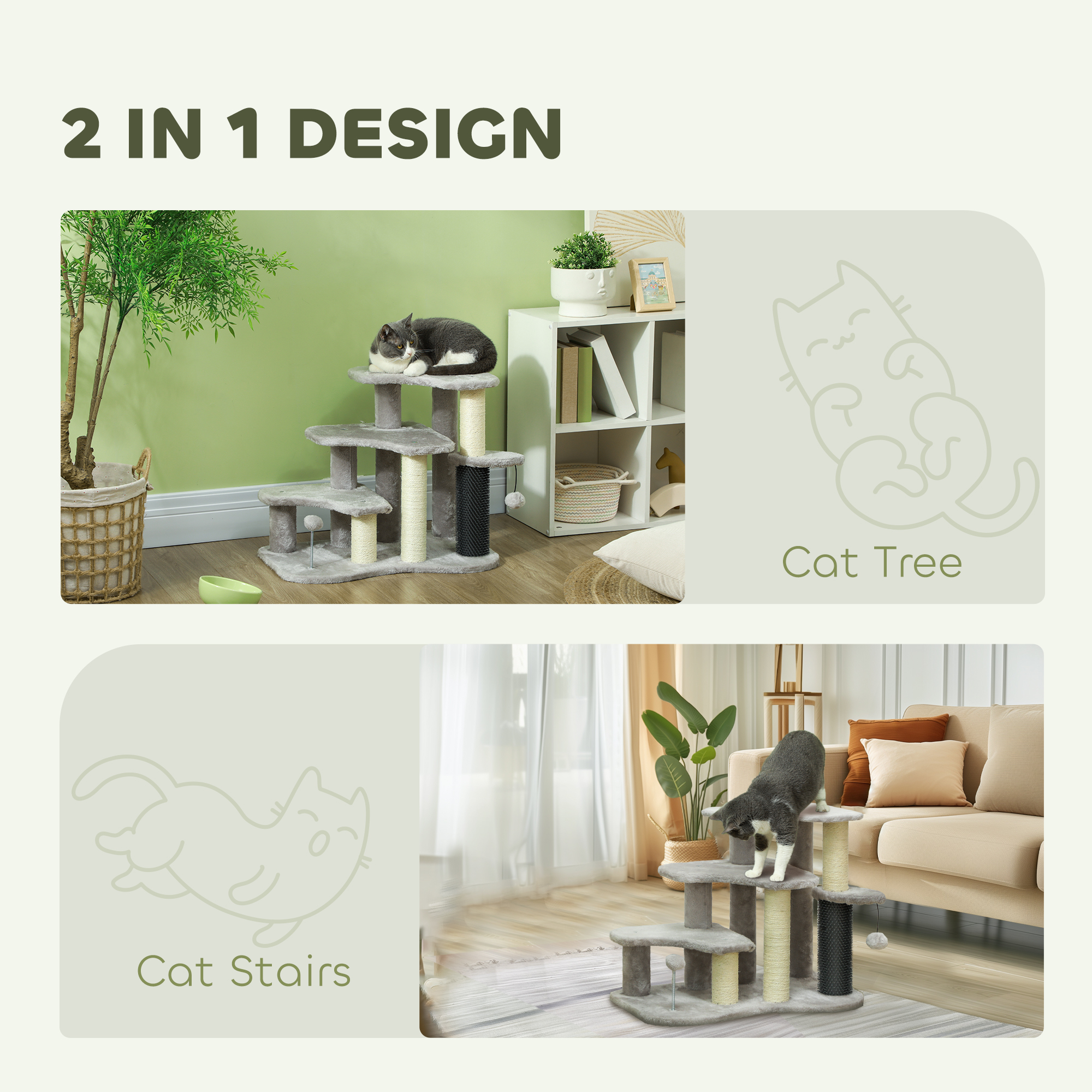 Torre Rascador para Gatos 2 en 1 Escaleras de 3 Escalones con Postes Rascadores, Poste de Cosquillas y Bolas de Juguete, para Camas Altas y Sofás — imagen 4