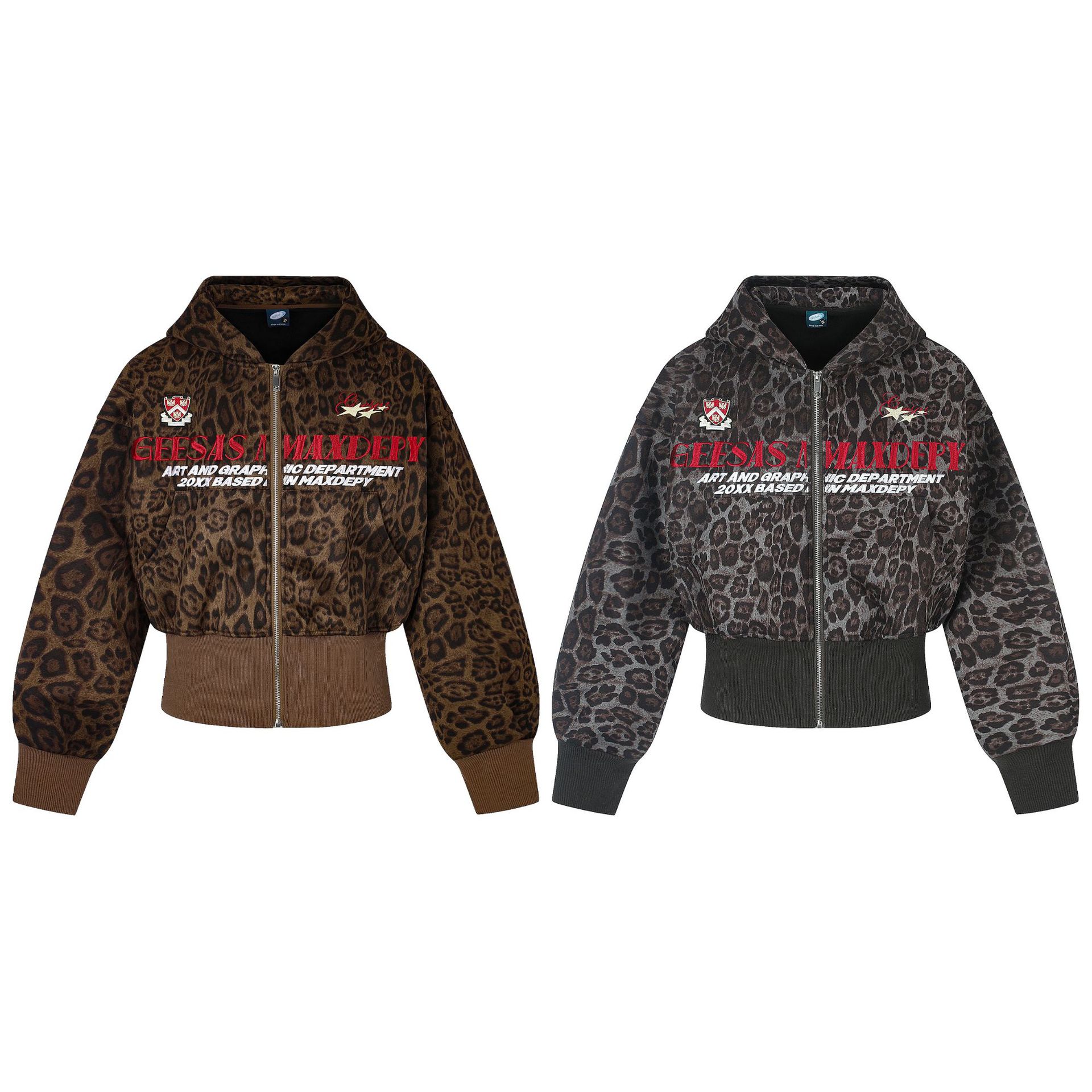 Leopard Print Letter Embroidery Zip-Up Hooded Long Sleeve Casual Waist-Cinching Sweatshirt Jacket — image 5