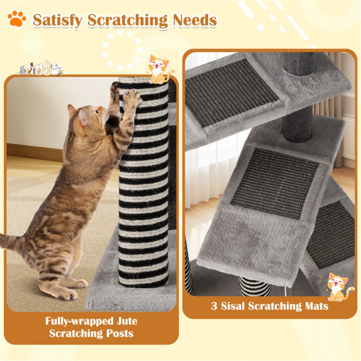 37" tall Cat Stairs with Scratching Mats - 3-Tier Perches, Spring Ball & Dangling Toys for Cats — image 4