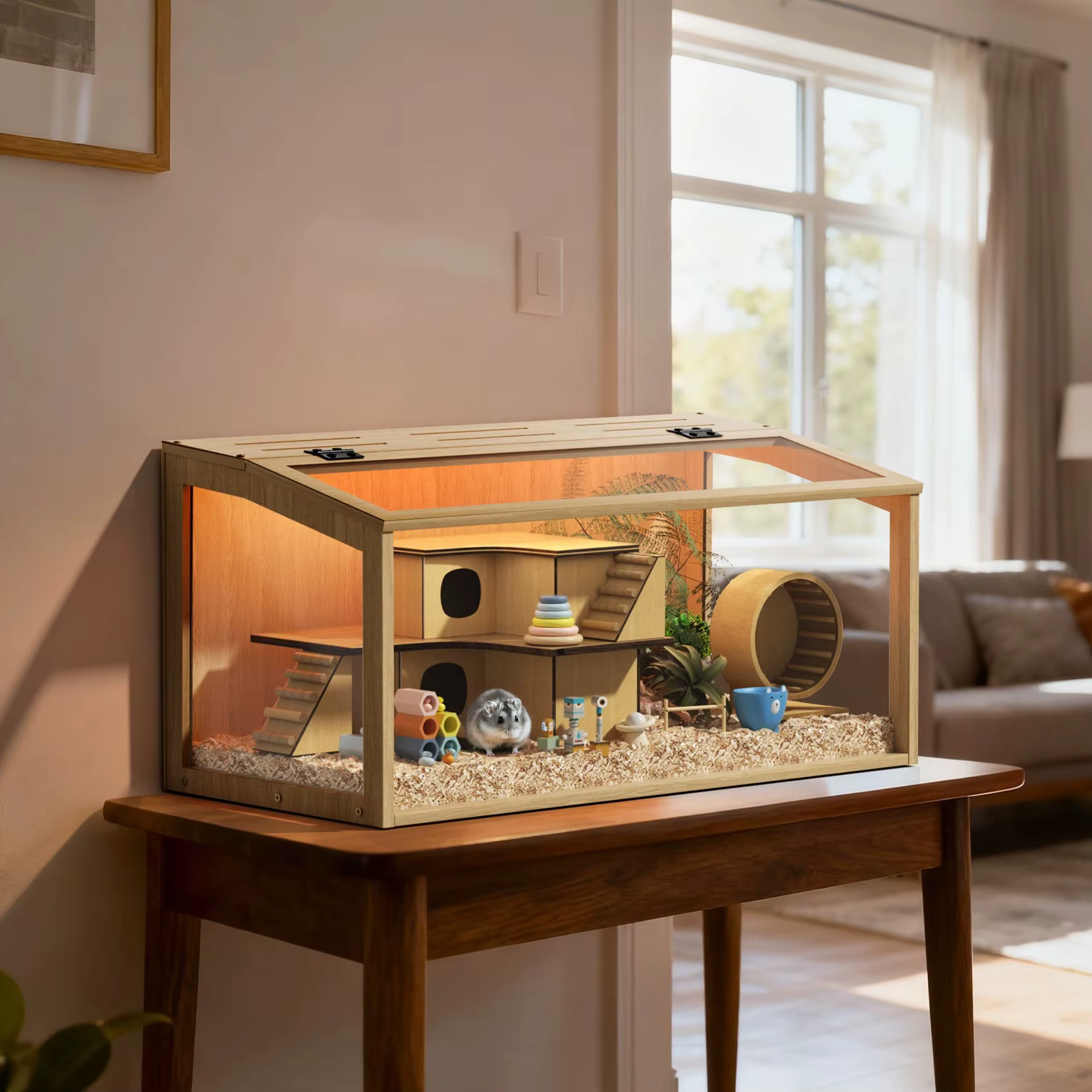 Large Wooden Hamster Cage Clear Tempered Glass Pet Small Animal Habitat Cage Playful Hutch House Built-in LED Light — image 7