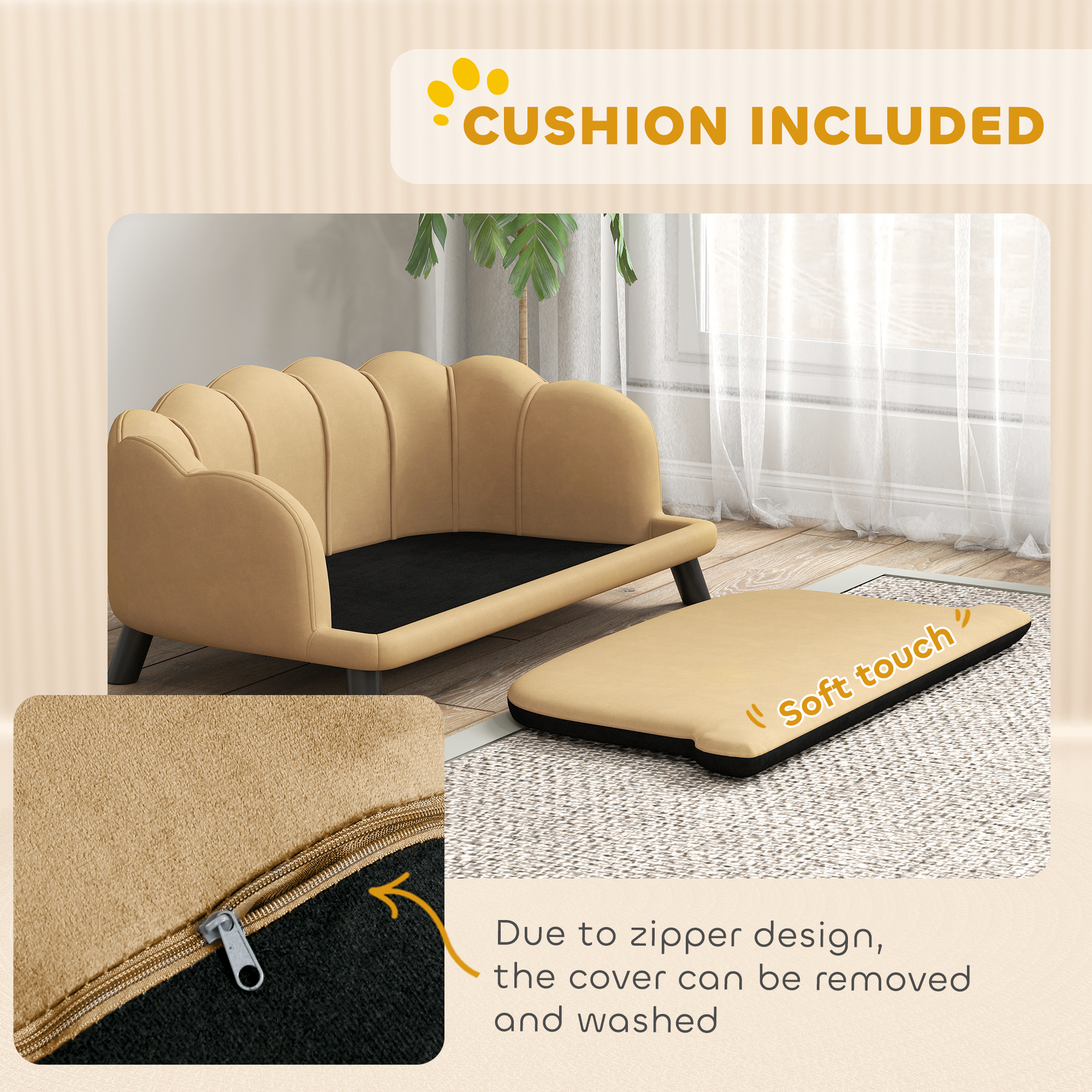 Sofá de Diseño de Perlas para Perros de Mediana y Gran Tamaño, Cama para Mascotas con Almohada y Patas de Madera Dura, Café — imagen 6