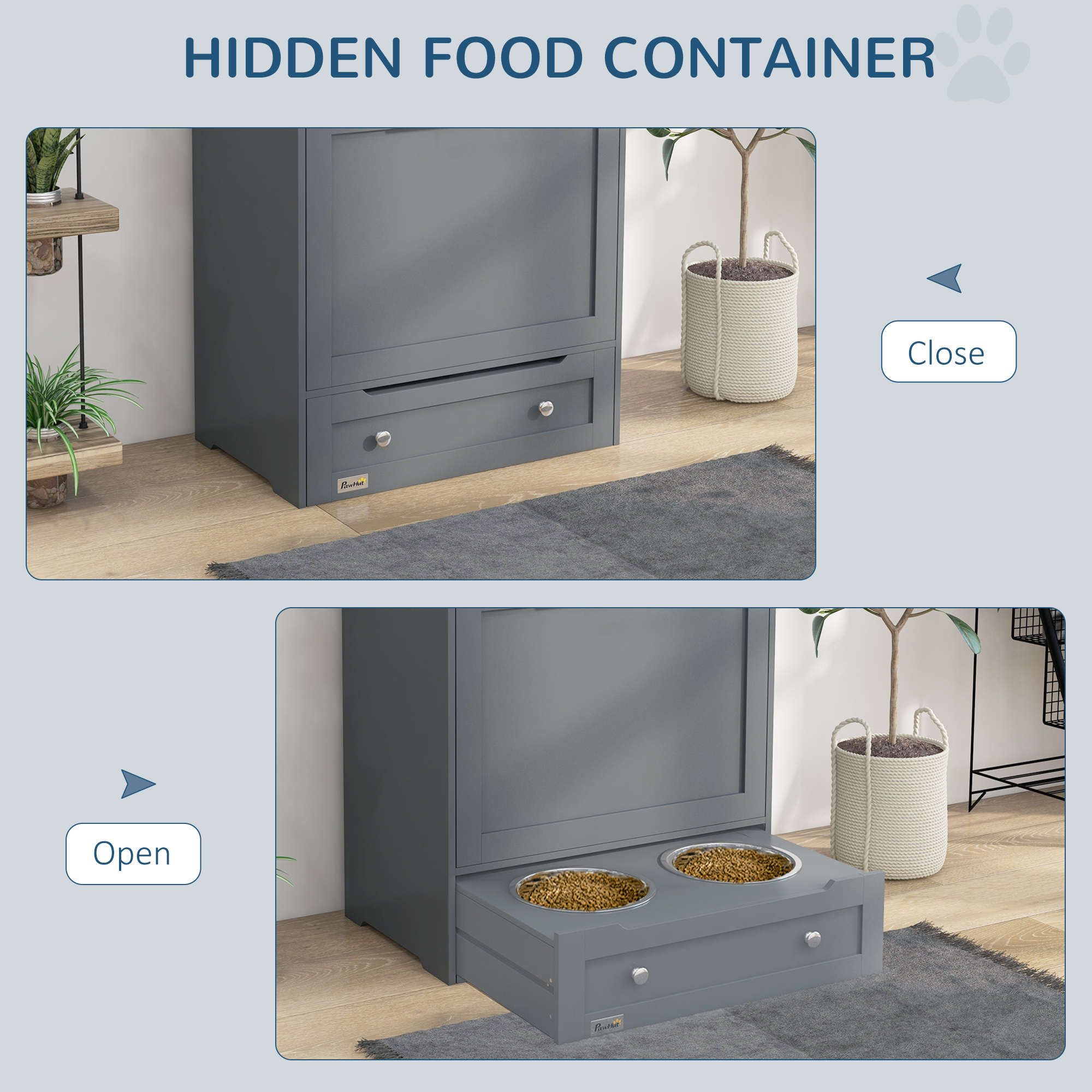 Pet Feeder Station Storage Cabinet, Dog Food Storage Container with Dog Raised Bowls, Watering Supplies, Gray — image 6