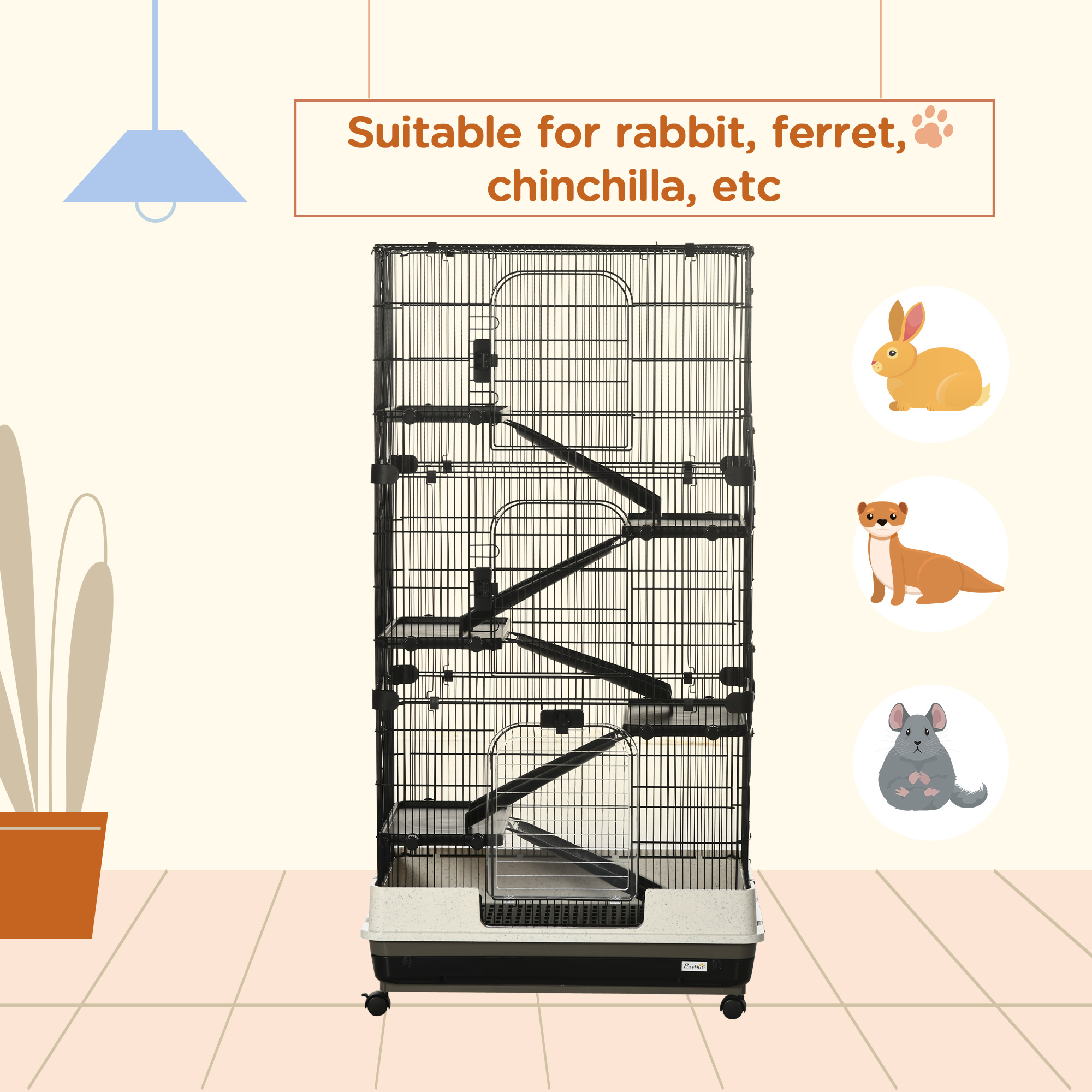 Caja de 6 niveles para conejos y pequeños animales con plataforma rodante, negro — imagen 8