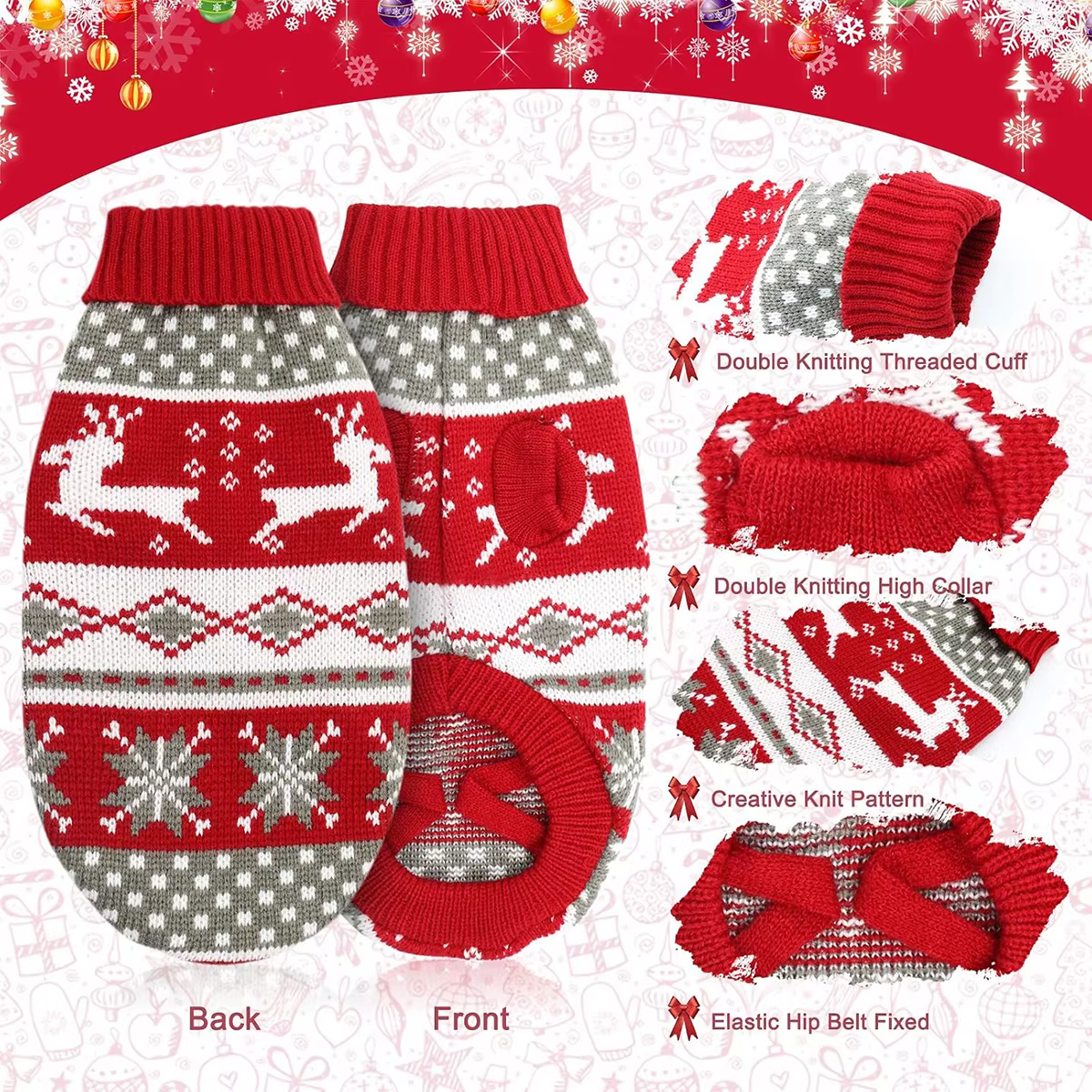 Christmas Dog Sweater Medium Large Dogs Reindeer Snowflake Knitted Sweater Xmas Holiday Pet Clothes Turtleneck Knitwear Pullover — image 5