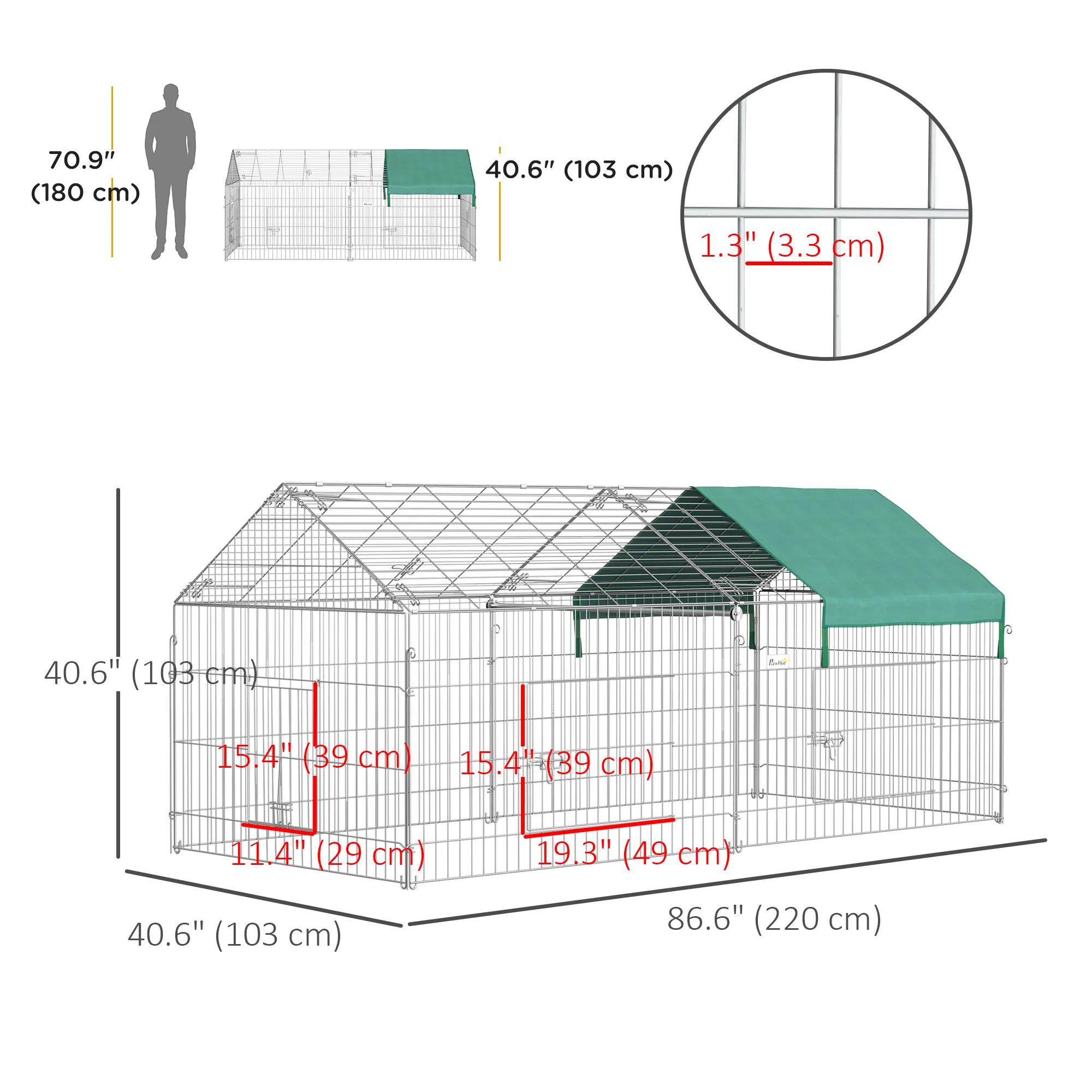 87x41x41-IN Catio Rabbit Guinea Pig Cage Chicken Coop Run, Small Animal Enclousure Outdoor Indoor with Cover and Multiple Doors, Green — image 5