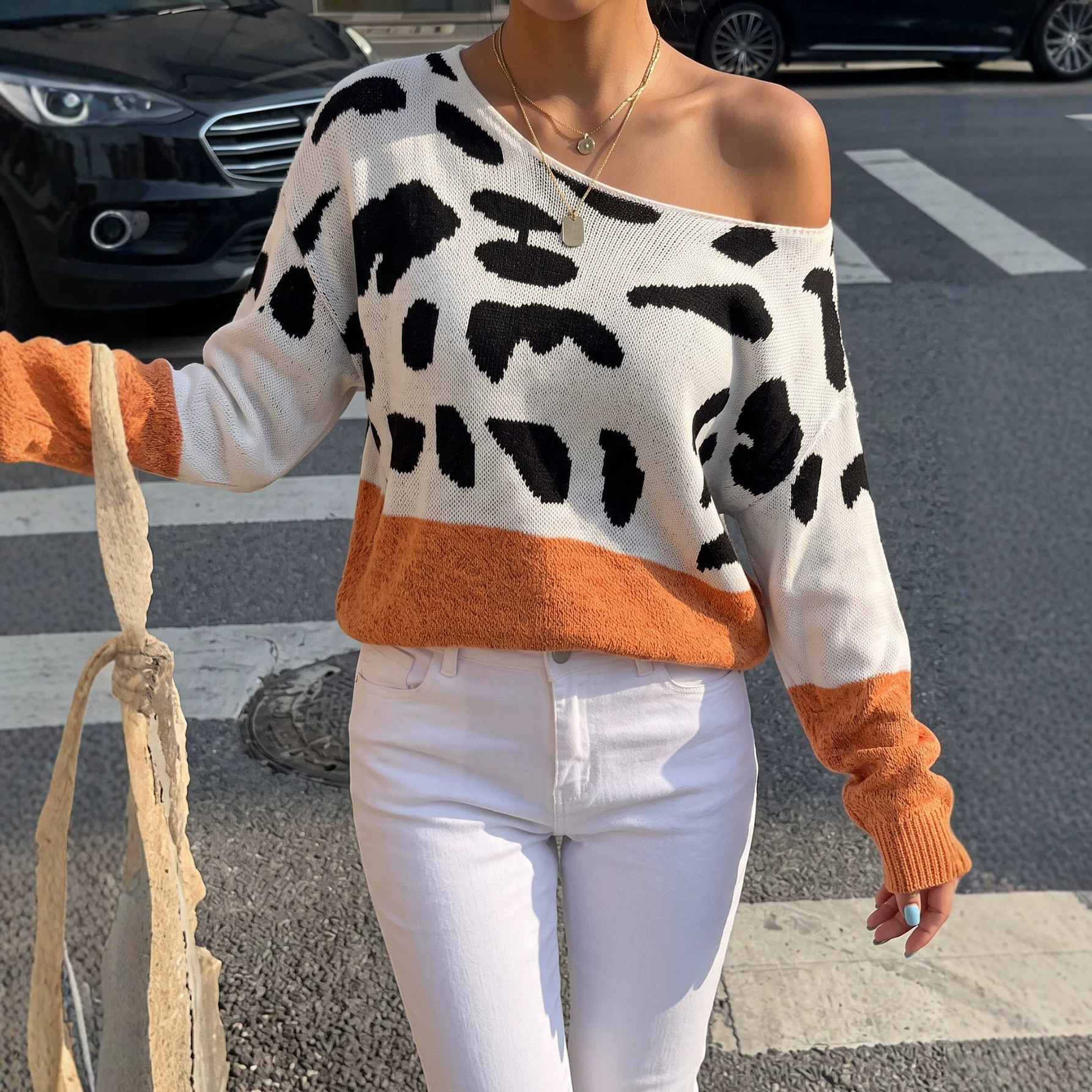 Lady's Pullover Knit Sweater Leopard Print Drop Shoulder Off-Shoulder Neckline — image 5