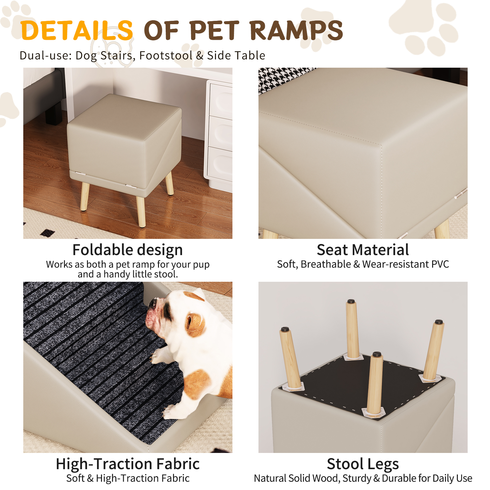 Paso para Perros para Cama y Sofá - Escaleras de Madera 2 en 1 para Perros Grandes, Medianos y Pequeños, Diseño Split con Superficie Antideslizante Gris Claro — imagen 2