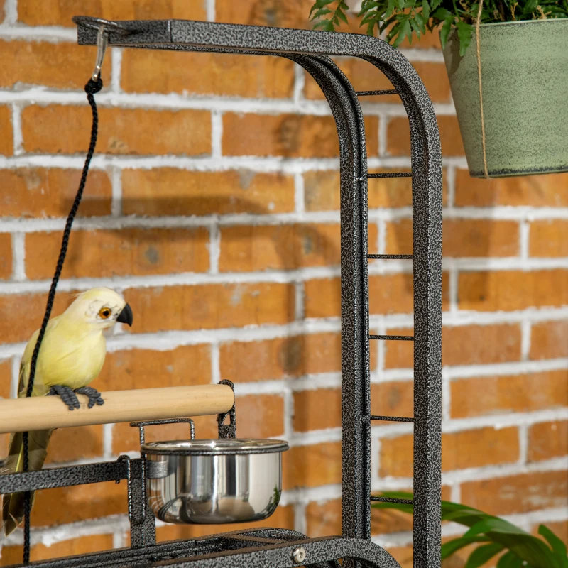 PawHut Parrot Stand Large Bird Perch Stand With Toy Hook 3 Ladders, Parrot Perch, Bird Wooden Stand, Gray — imagen 8