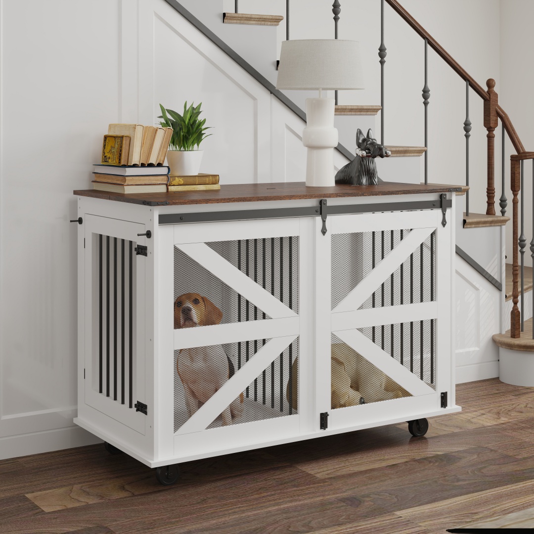 47.2 Mobile Dog Crate With Flip-Top Feeding Door, Dual-Access & 5 Caster System 2 Locking, Side Hooks - Multi-Functional Pet Kennel, double Dog Crate Furniture — image 16
