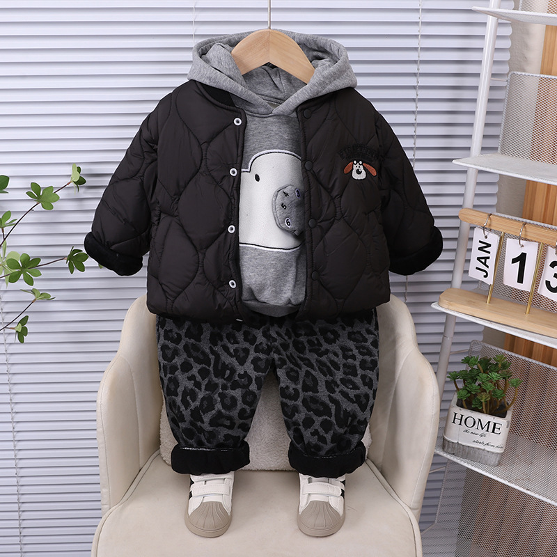 Boys' Winter Fleece-Lined Cotton Jacket Set, Fashionable Dog Print Thickened Warm Clothes, 3-Piece Kids Outfit — image 1
