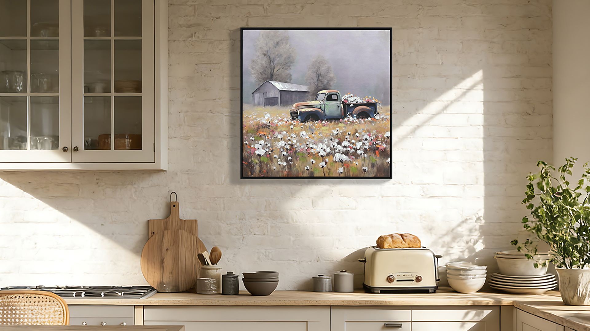 Farmhouse Old Truck Canvas Wall Art, Old Barn Pictures Wall Art, Country Antique Pickup Truck Canvas Prints, Blue Truck With Red Floral Flower Art Prints For Farmhouse Spring Decor 24 Hx24 W Inches — image 1