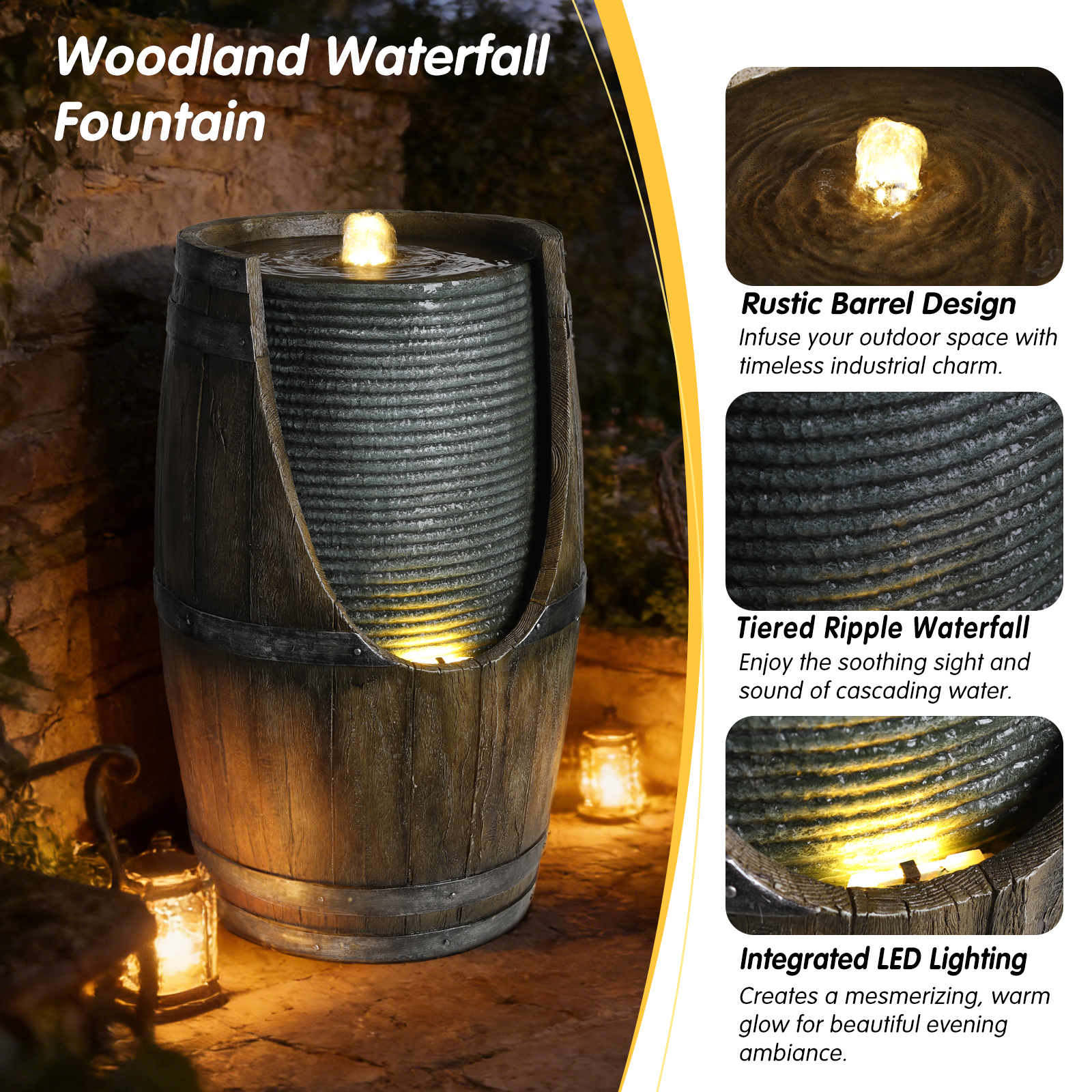 Fuente de Agua para Jardín con Bebedero para Pájaros, Barril Rustico con Luces LED y Bomba, Característica de Madera Falsa en Resina para Patio, Jardín o Porche — imagen 9