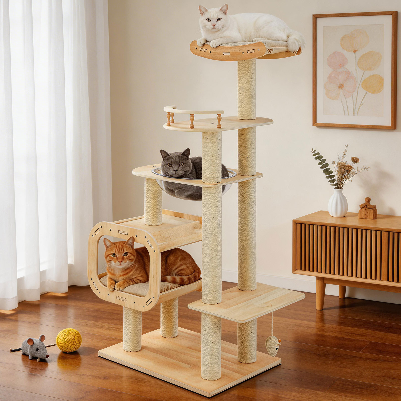Modern Heavy-Duty No-Drill Cat Tree-Solid Wood Multi-Story Board, 4-Story Multi-Column Cat Tower, 57.9in For Multi-Cat Households, Open Condo, Space Capsule & Perch, Natural Wood Indoor Pet Furniture — image 1
