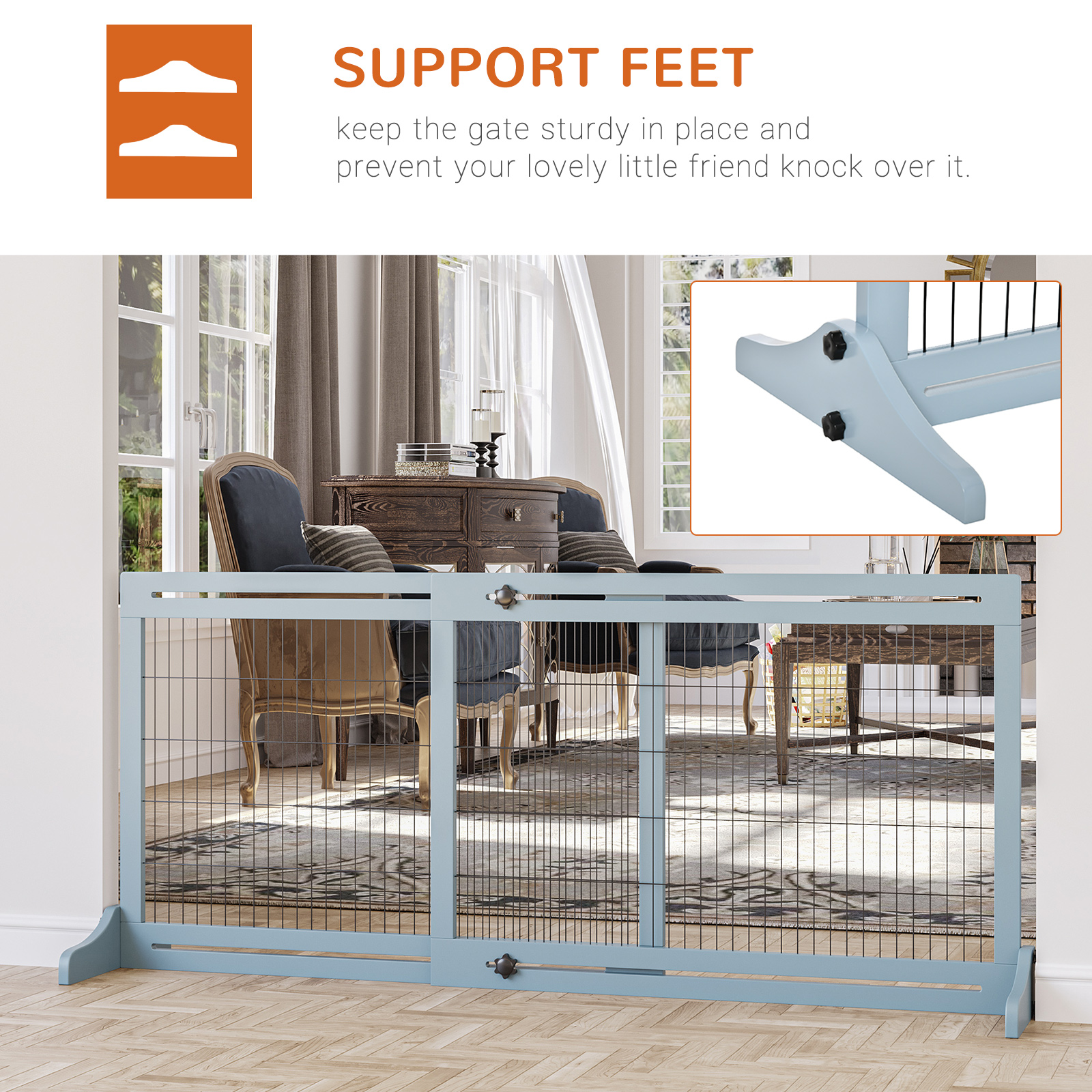71" W X 27.25" H Extra Wide Freestanding Pet Gate With Adjustable Length Dog, Cat, Barrier For House, Doorway, Hallway, Blue-Gray — imagen 3