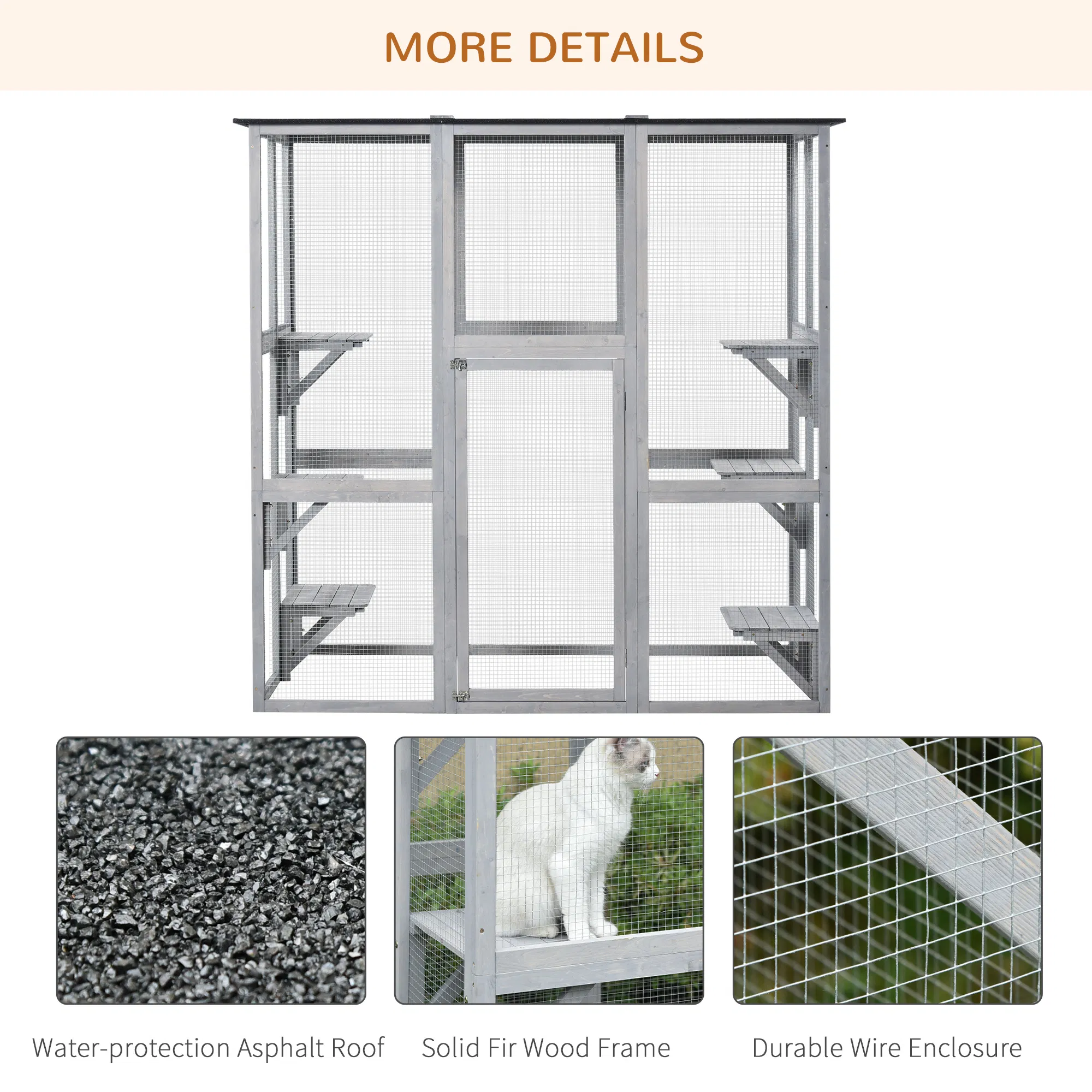Large Outdoor Catio Enclosure, Weatherproof Cat House with Asphalt Roof, Wooden Cat Patio Cage with 6 Balanced Platforms, 71" x 39" x 71", Grey — image 3