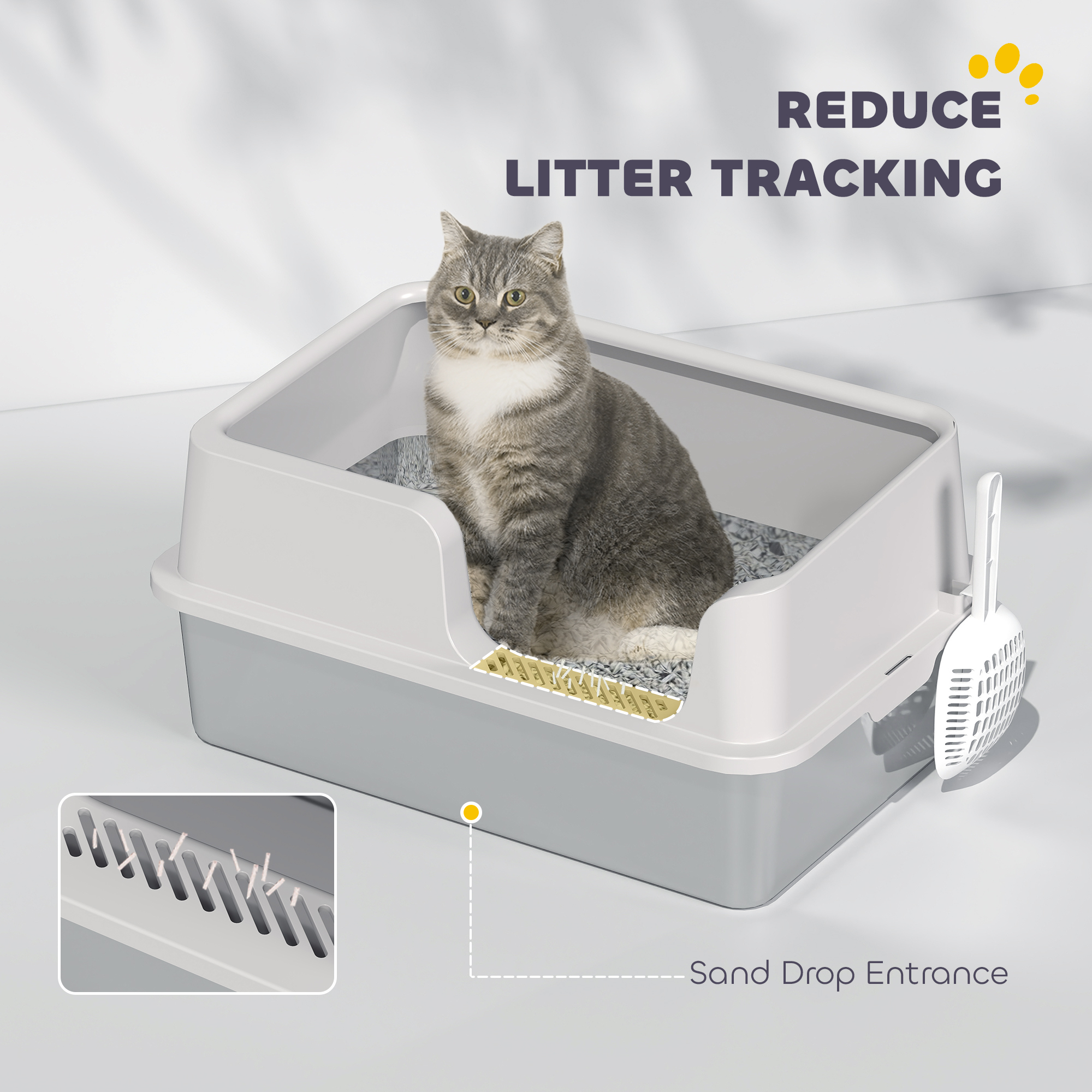 Caja de Arena de Acero Inoxidable con Alto Costado, Cuchara, Limpieza Fácil y Prevención de Pérdidas de Orina, para Gatos Grandes, Gris Claro — imagen 2