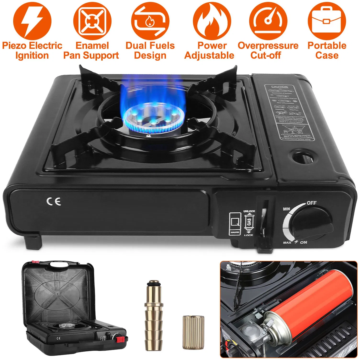 3300W Portable Camping Stove Butane Canister Dual Fuel Burner Piezo Electric Ignition Single Burner With Automatic Tank Ejection Overpressure Cut Off Carry Case For Camping Hiking Picnic Fishing — imagen 1