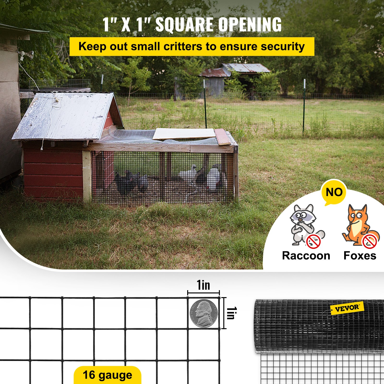 Hardware Cloth, 24' X 100' & 1'x1' Mesh Size, Galvanized Steel Vinyl Coated 16 Gauge Chicken Wire Fencing W'A Cutting Plier & A Pair Of Fabric Gloves, For Garden Fencing & Pet Enclosures, Black — imagen 3