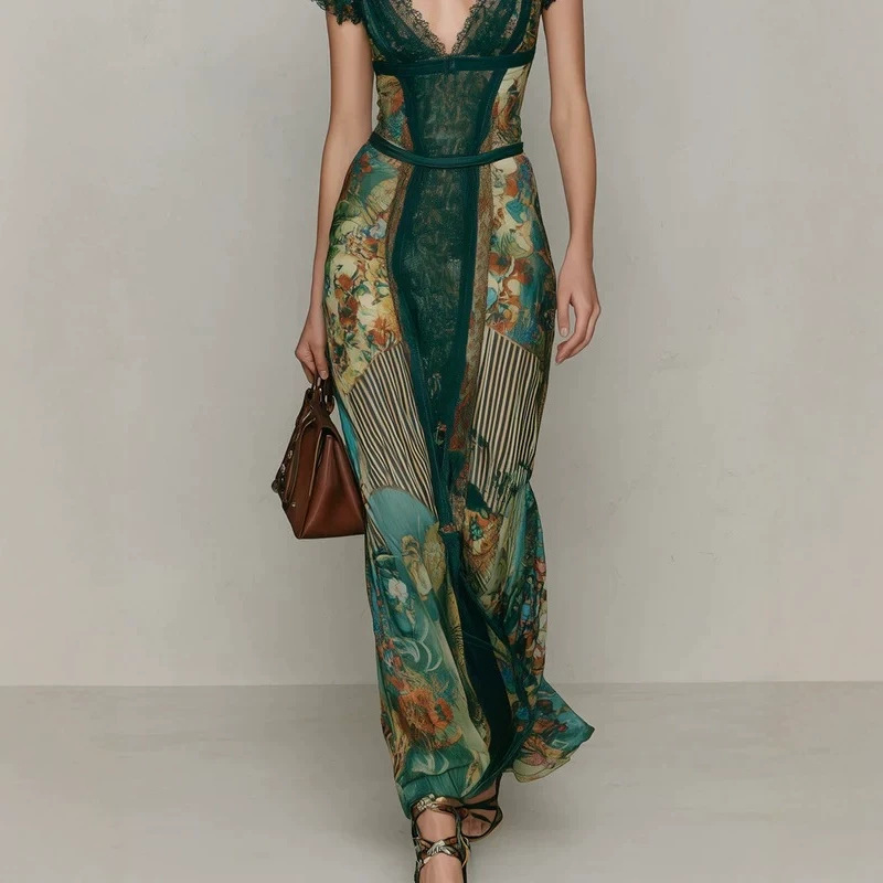 Vintage Emerald Green Lace V-Neck Short Sleeve Patchwork Oil Painting Print Fitted Flared Vacation Fish Tail Long Dress — image 2