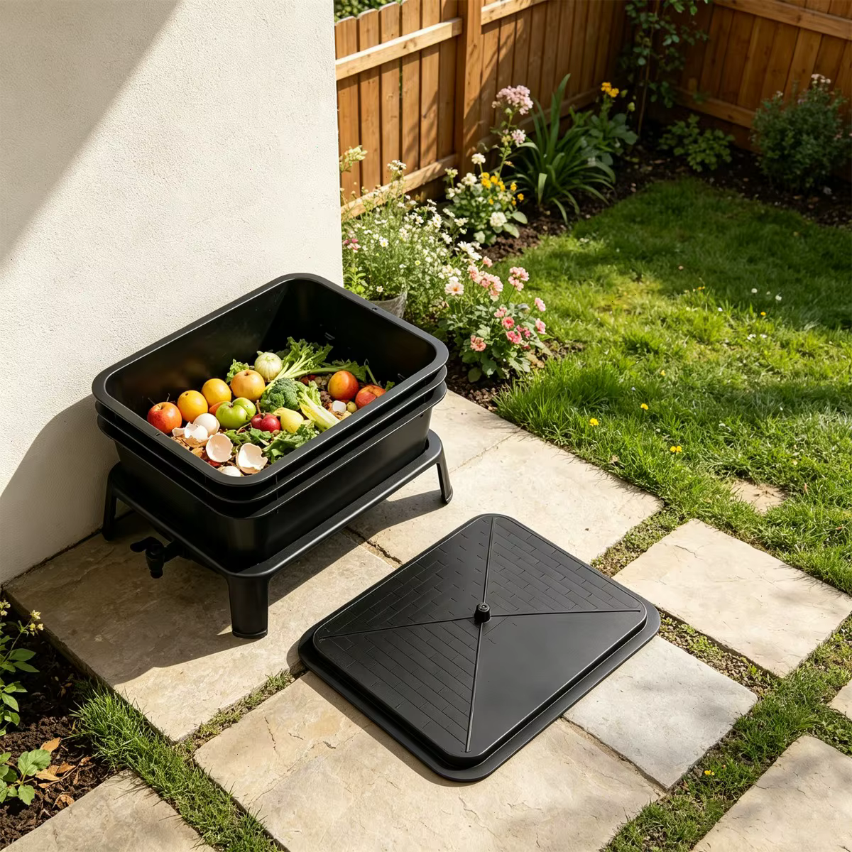 Composting Bin Outdoor, 3-Tier Worm Farm Vermicomposting Box, 30L Large Stackable Black, Food Waste Recycle, Liquid Fertilizer Tap, For Garden Balcony Patio, Safe PP Material, Easy Maintenance, Odorless Design — image 4