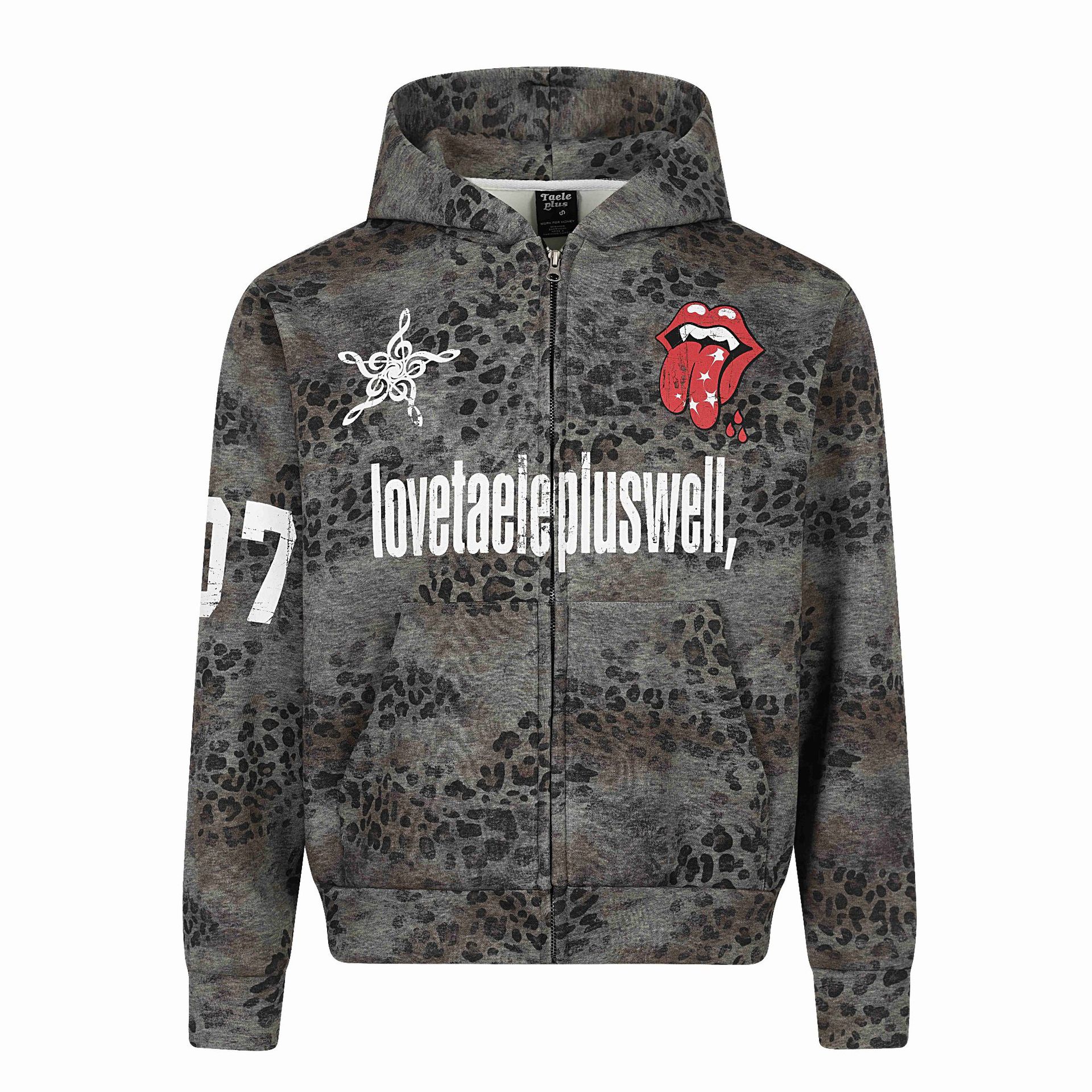 Leopard Print Camouflage Long Sleeve Hooded Loose Fit Zipper Front Sweatshirt — image 4