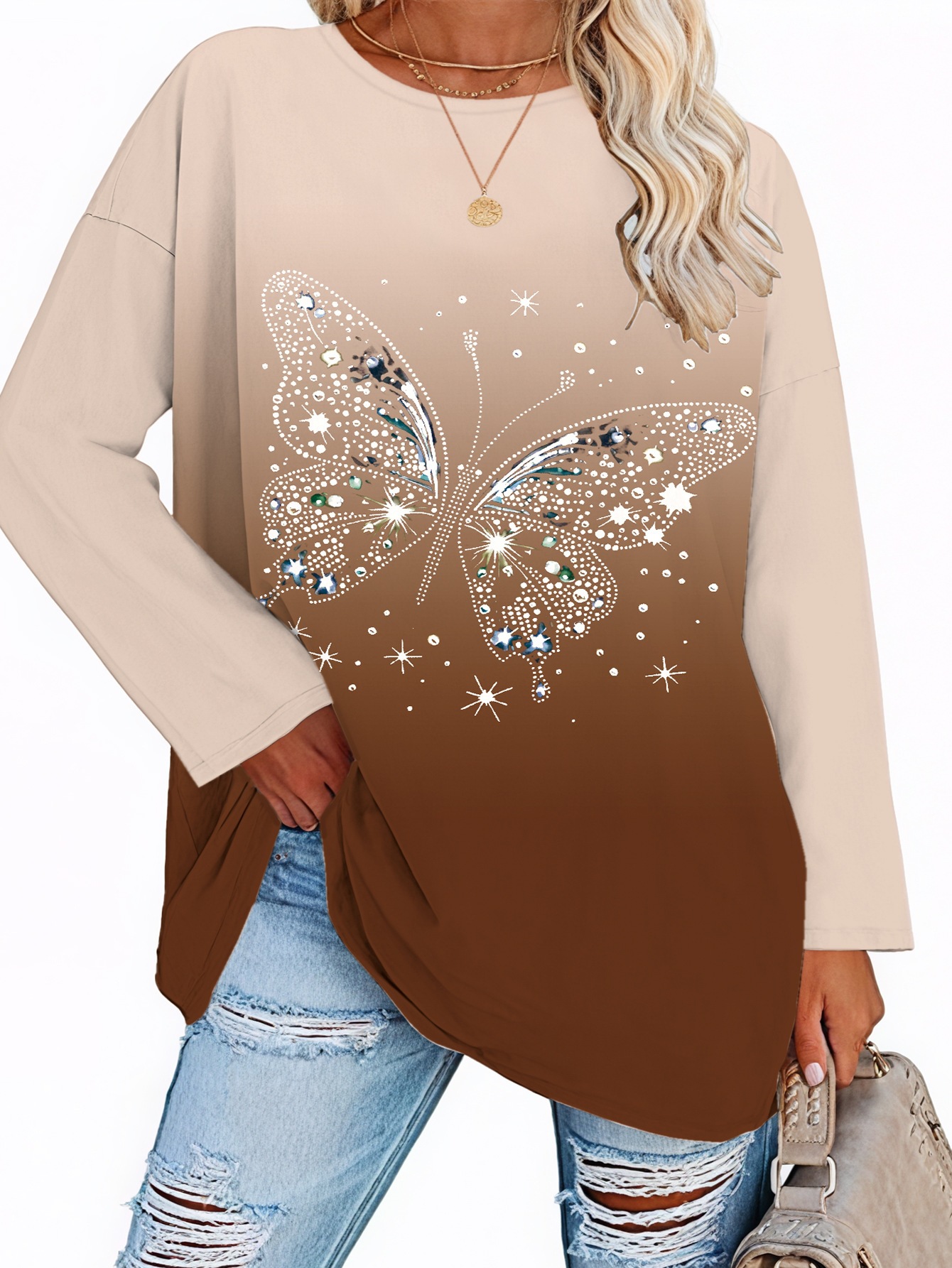 Elegant Butterfly Print Round Neck T-Shirt for WomenWinter Casual Comfortable Style — image 10