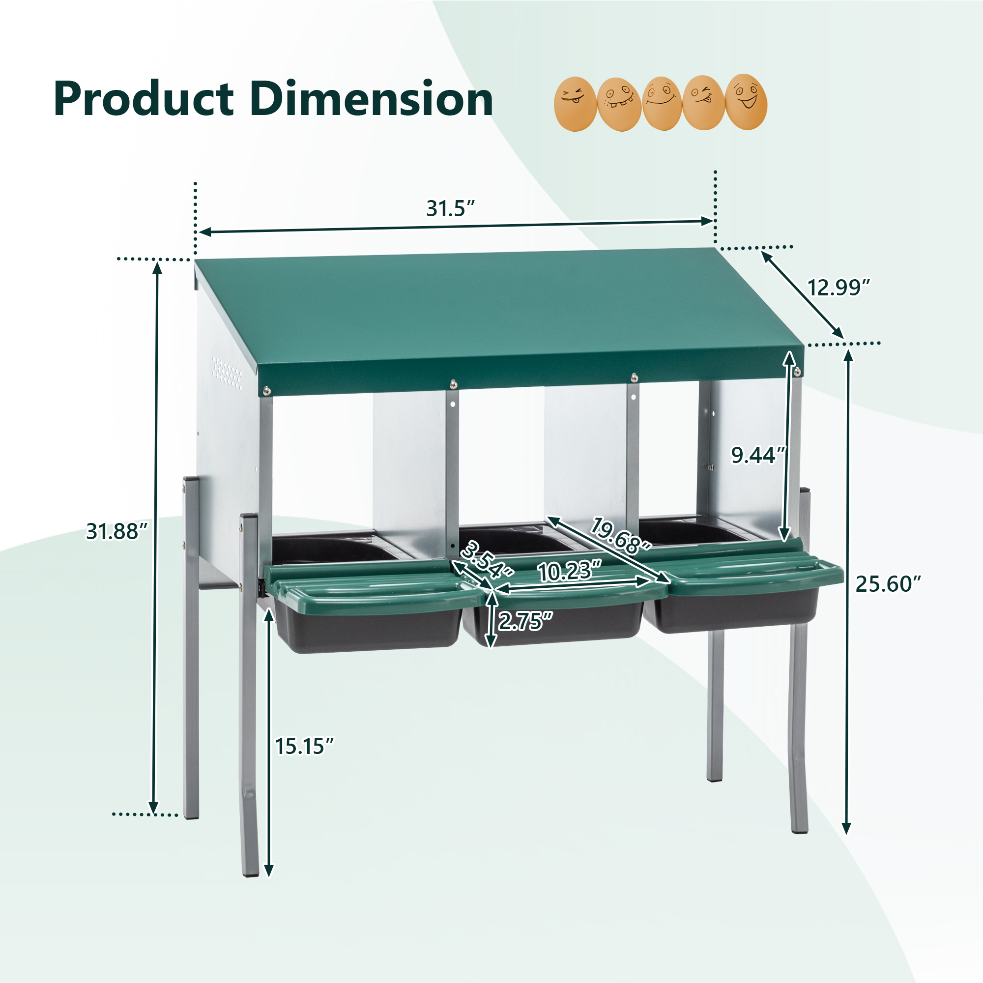 Cajas de Puesta para Pollos, 3 Hocicos Caja de Puesta con Patas, Cubierta de Tapadera para Gallinero Exterior Granja Campo, Verde Rreen — imagen 4