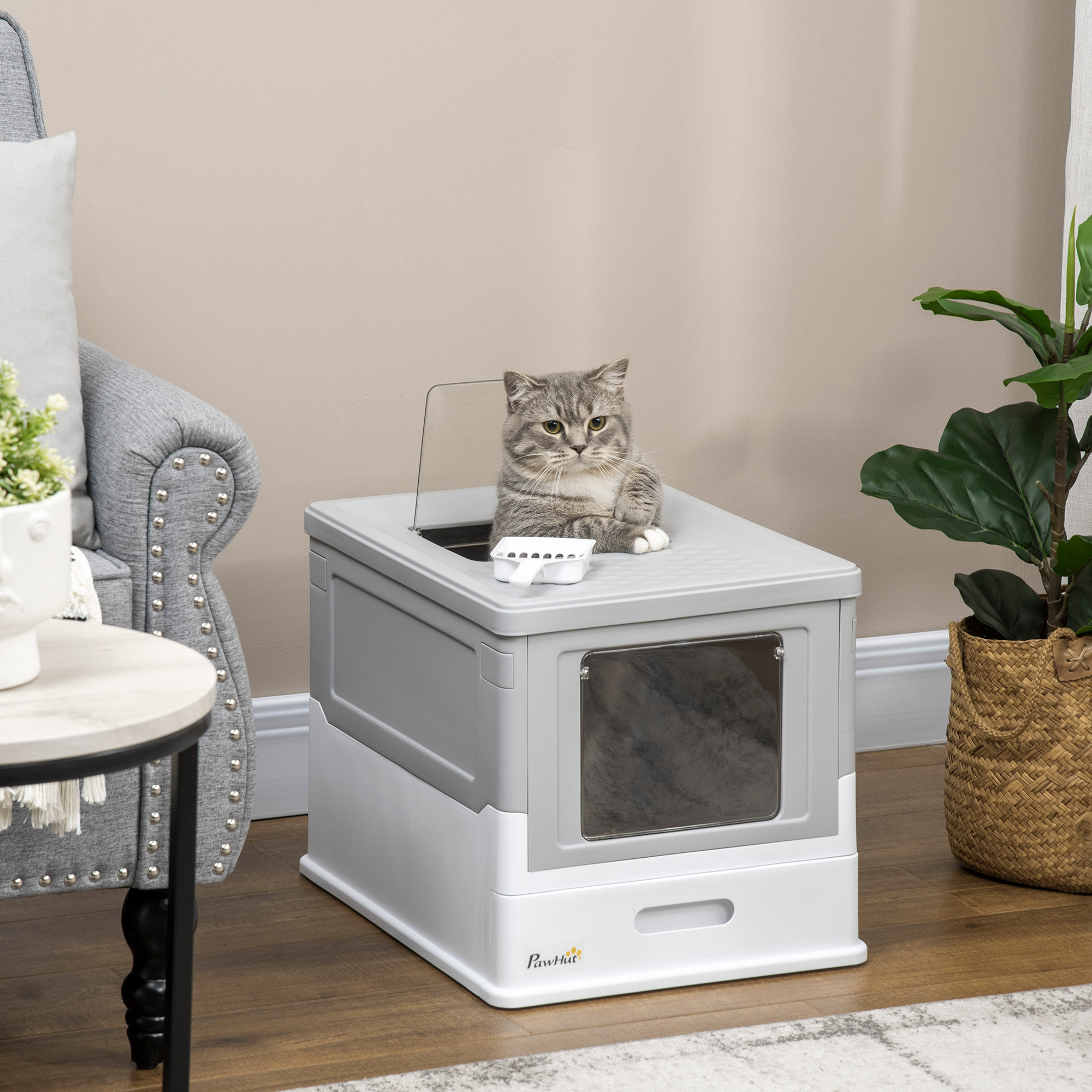 Fully Enclosed Cat Litter Box With Front Entry And Top Exit, Plastic, Gray & White — imagen 1
