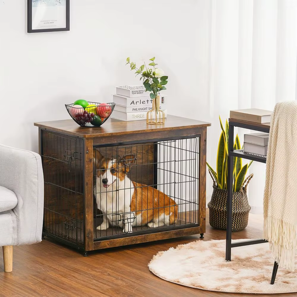 Medium Rustic Brown Wooden Dog Crate with Cushion and Double Doors — image 2